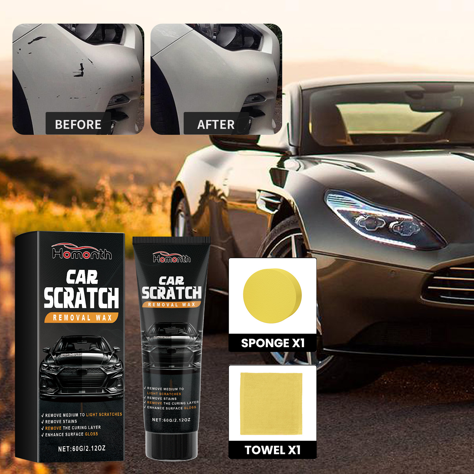Automotive scratch wax beside polished car panel
