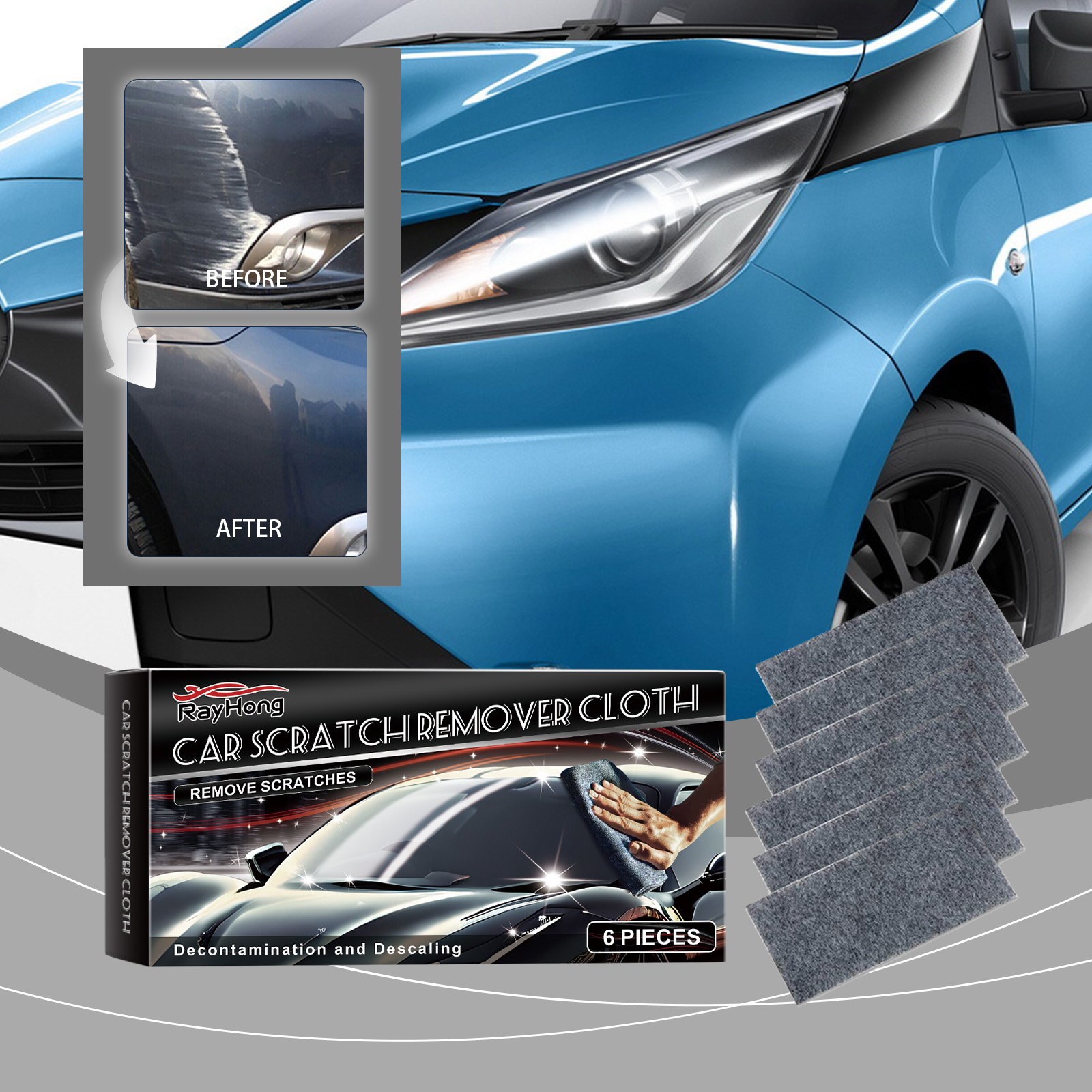 Blue car panel showing visible scratch before and after