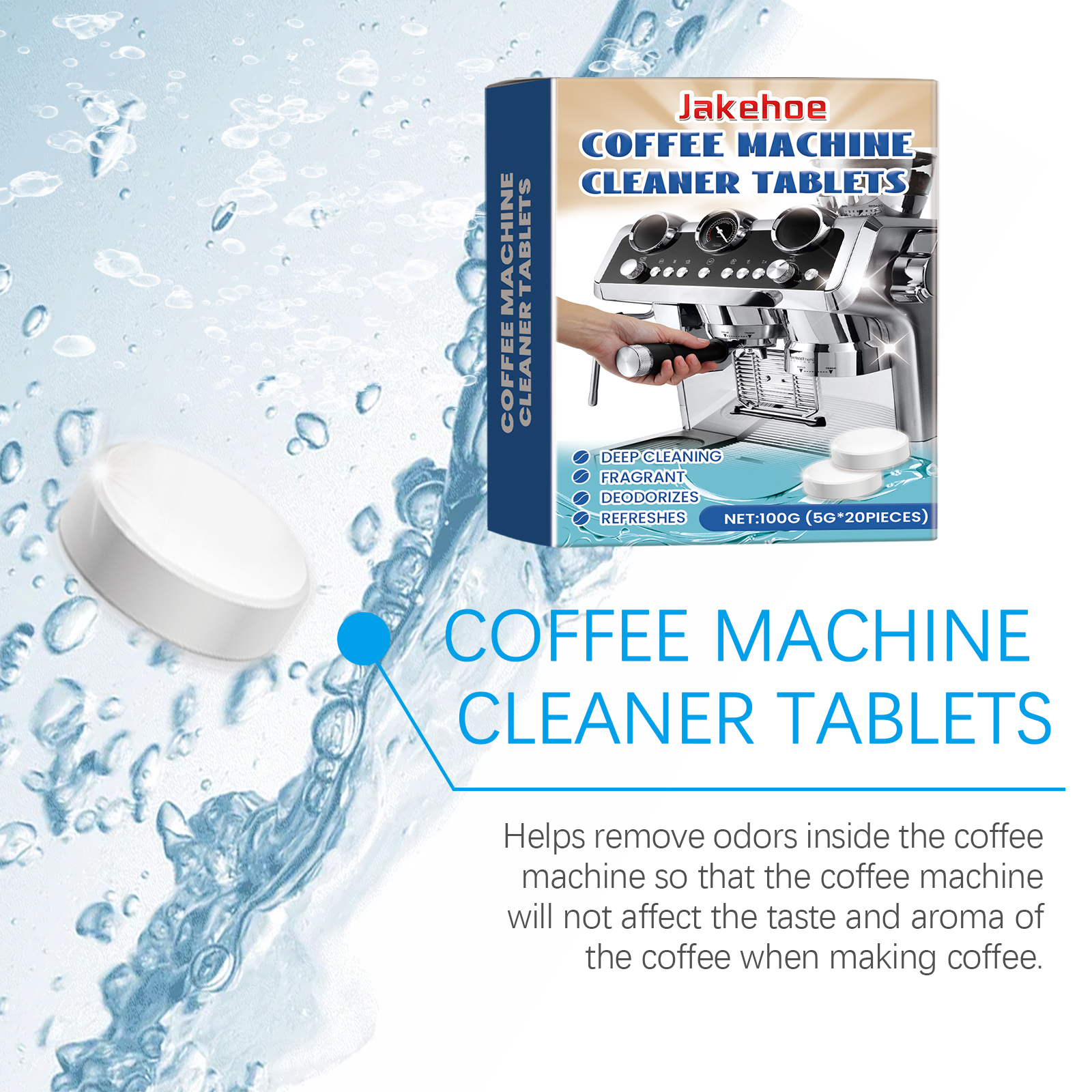 White effervescent coffee machine cleaning tablet