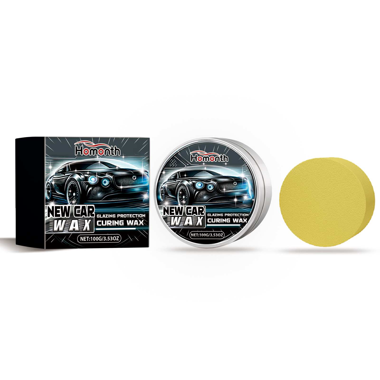 Silver wax tin and yellow applicator beside box