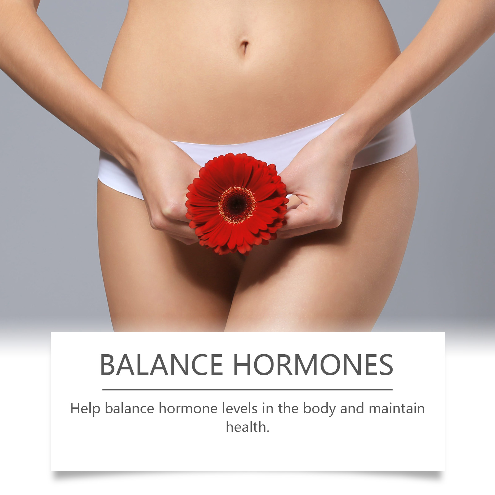 Woman holding red flower beside hormone balance message