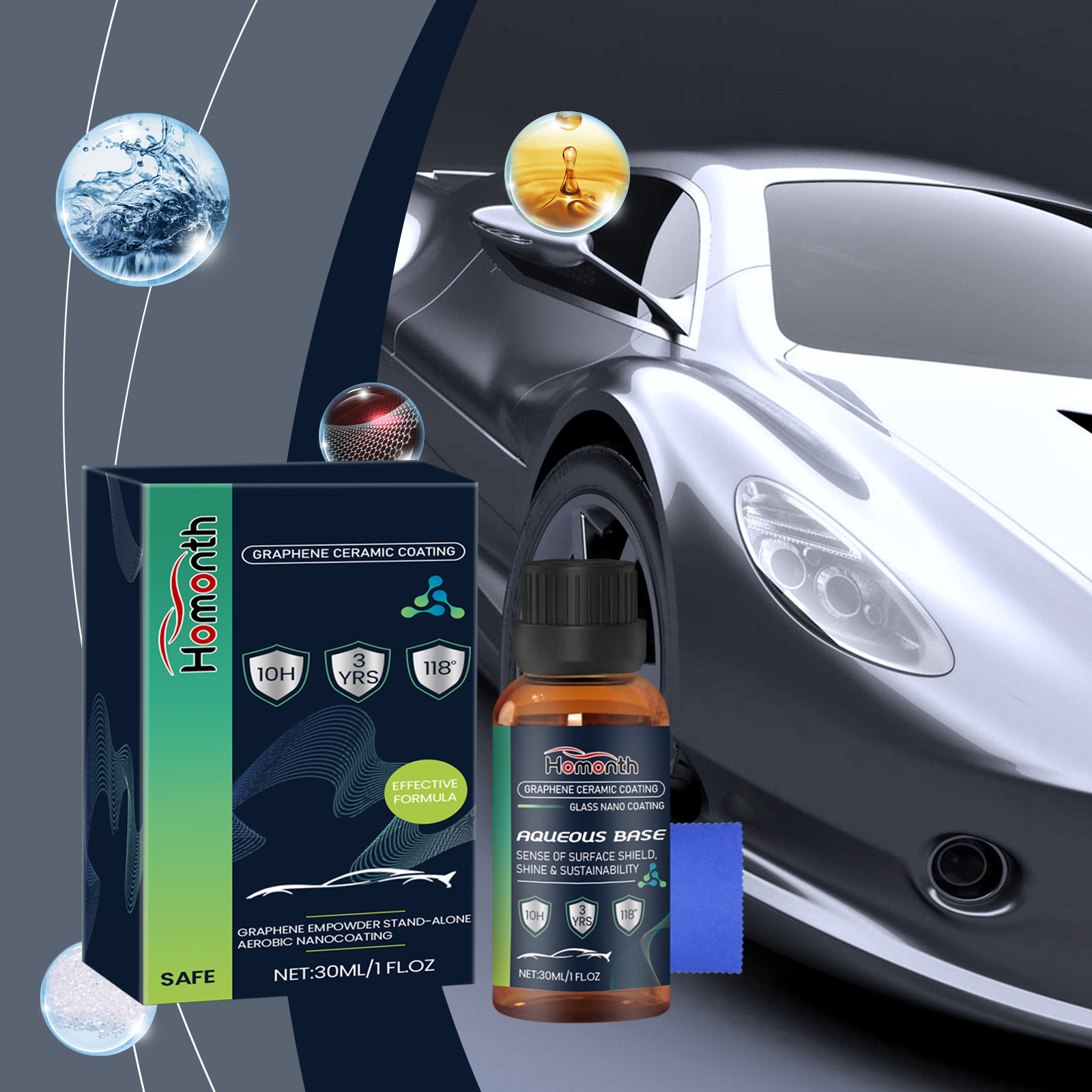 Ceramic coating kit displayed beside reflective car paint