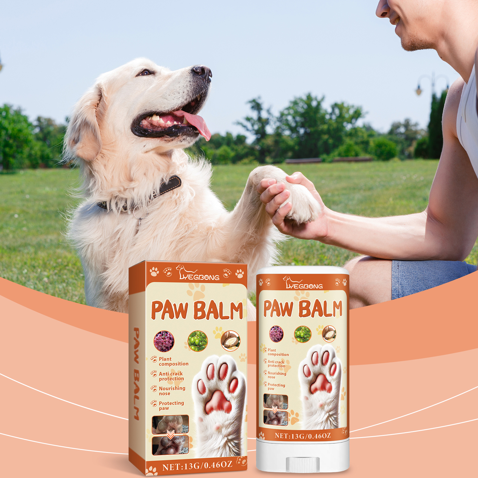 Owner holding dog paw during outdoor care