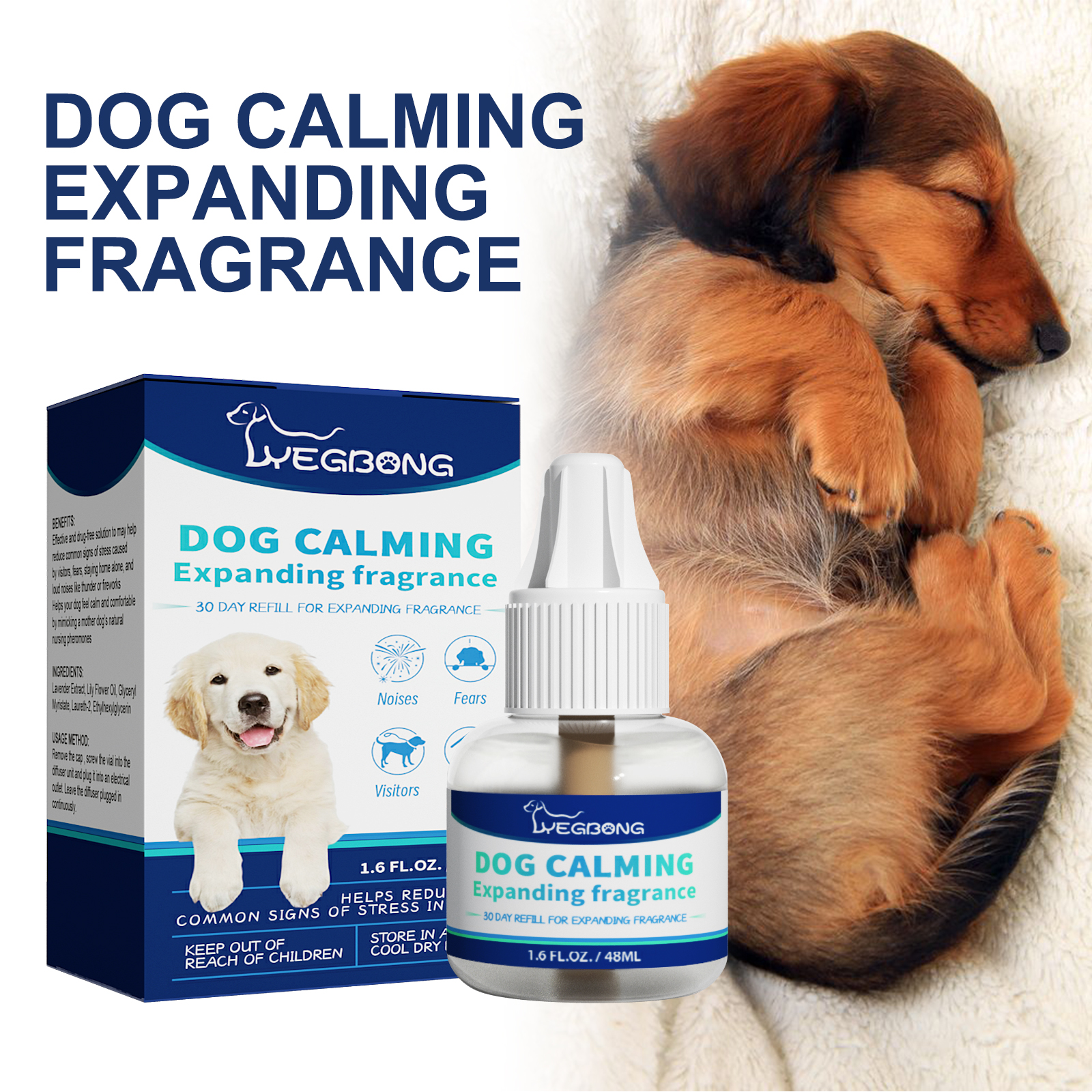 Calming fragrance bottle with illustrated dog box