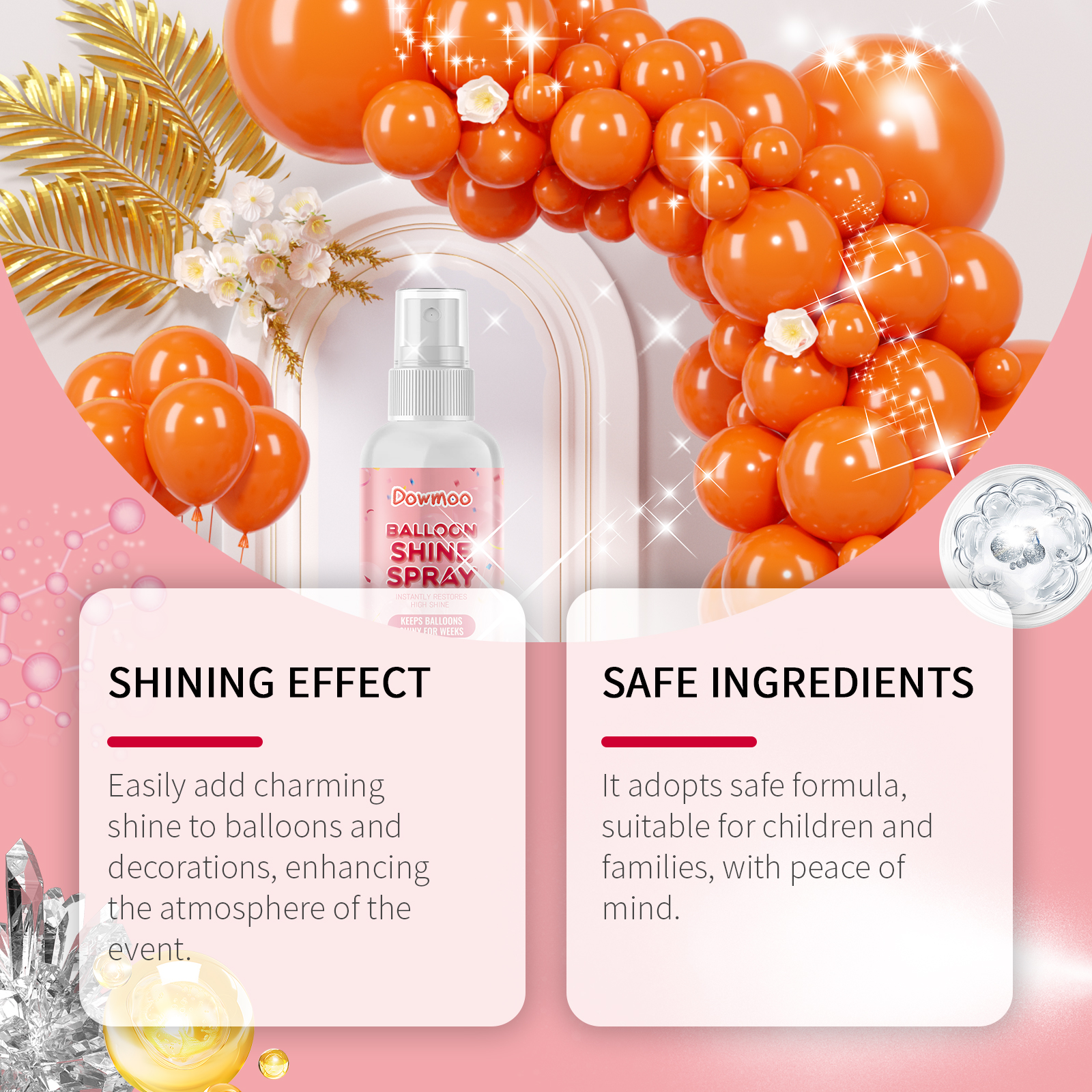 Balloon shine spray in front of orange balloon arch