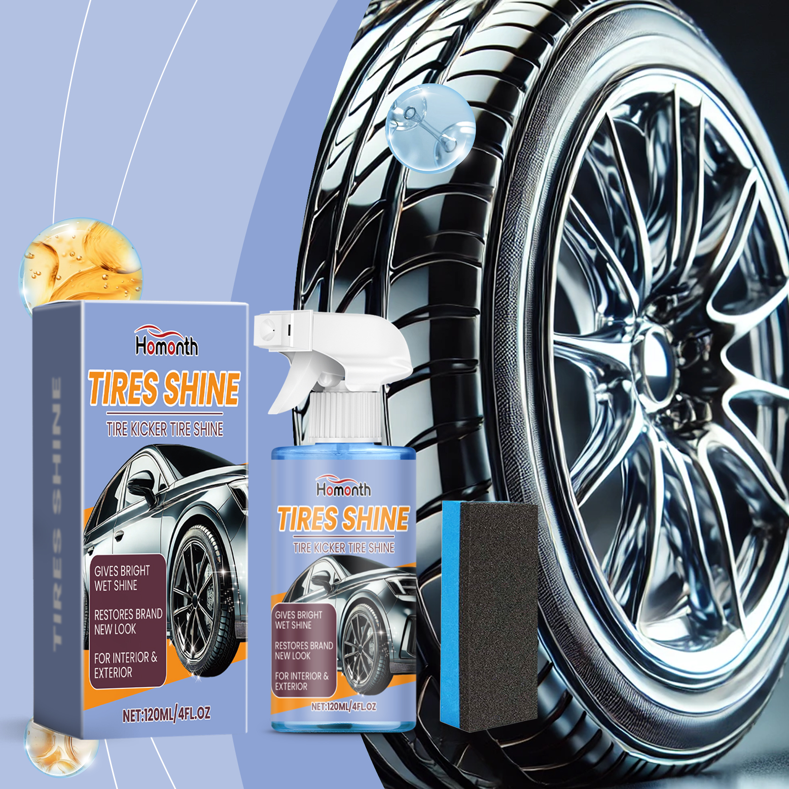 Glossy blue bottle beside a dark finished tire