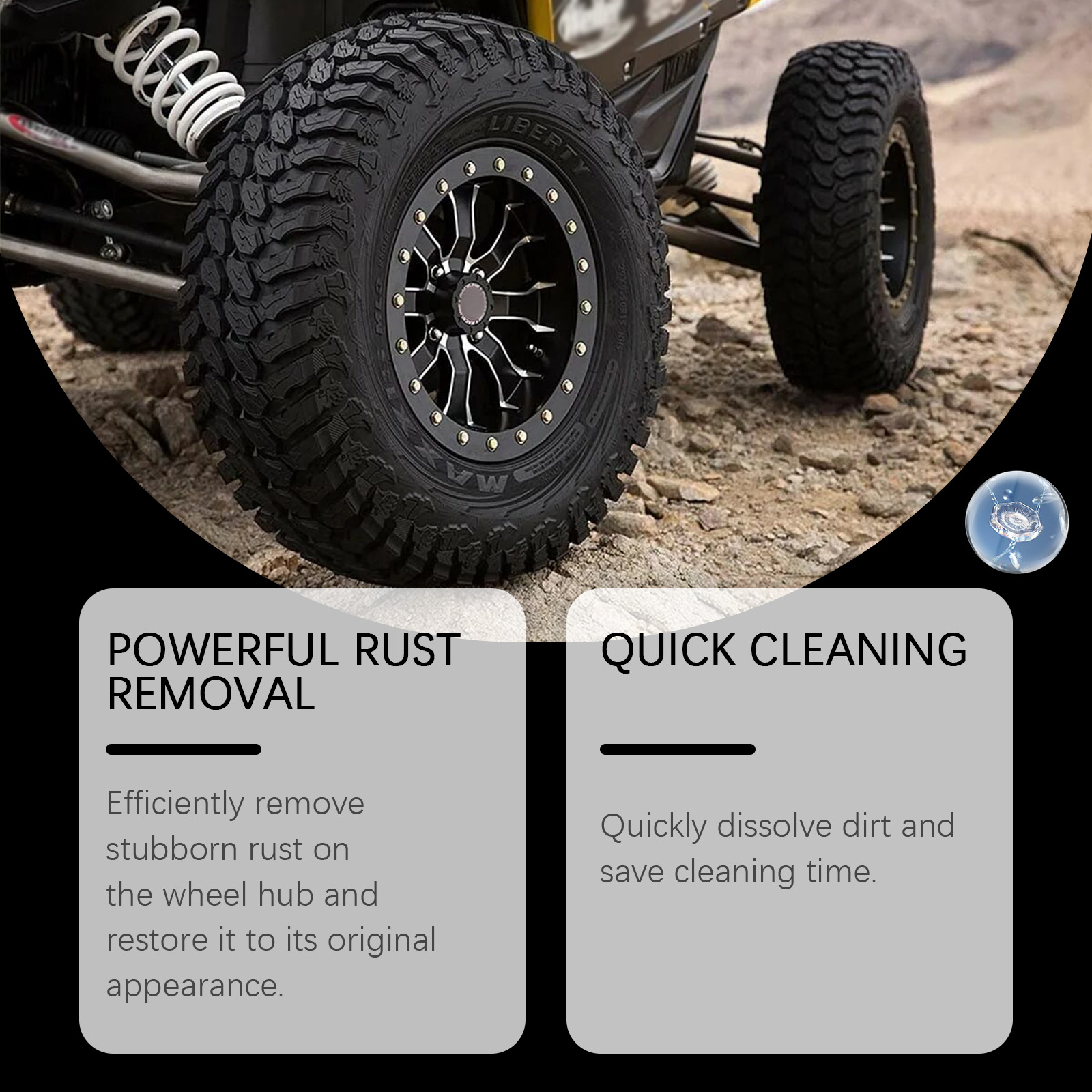 Off-road wheel hub showing targeted rust cleaning use