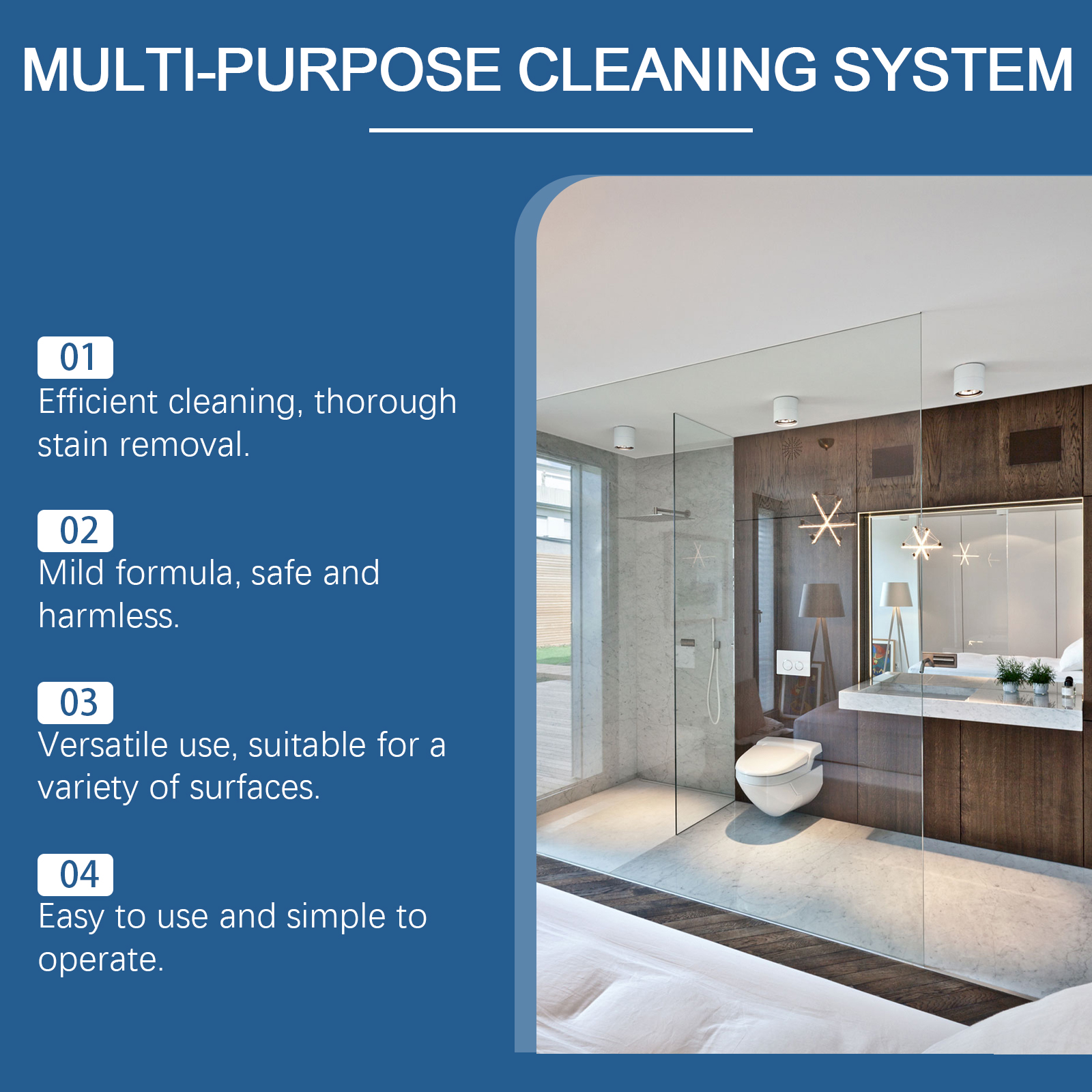 Foam cleaner benefits shown beside a bright bathroom