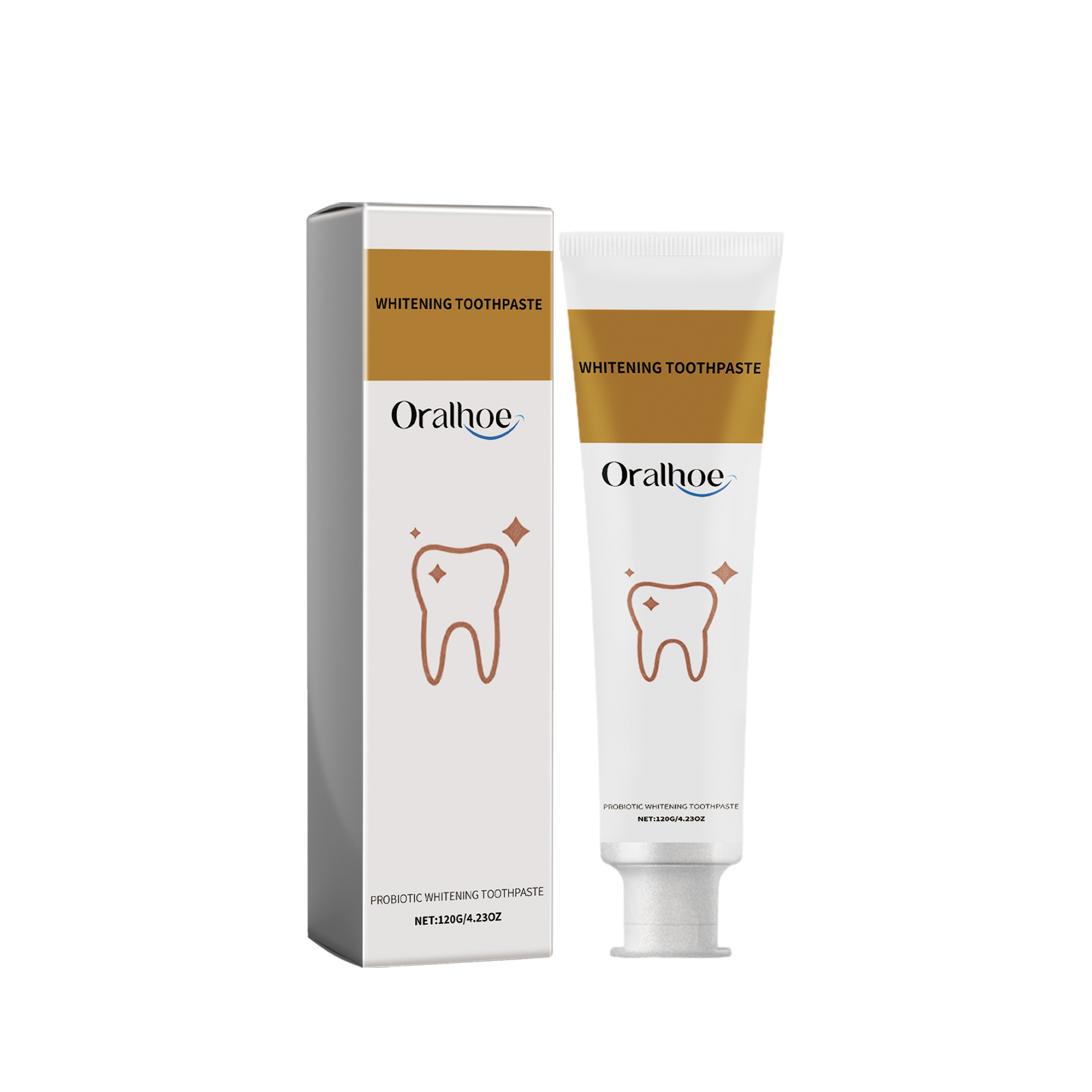 White toothpaste tube and gold carton travel format