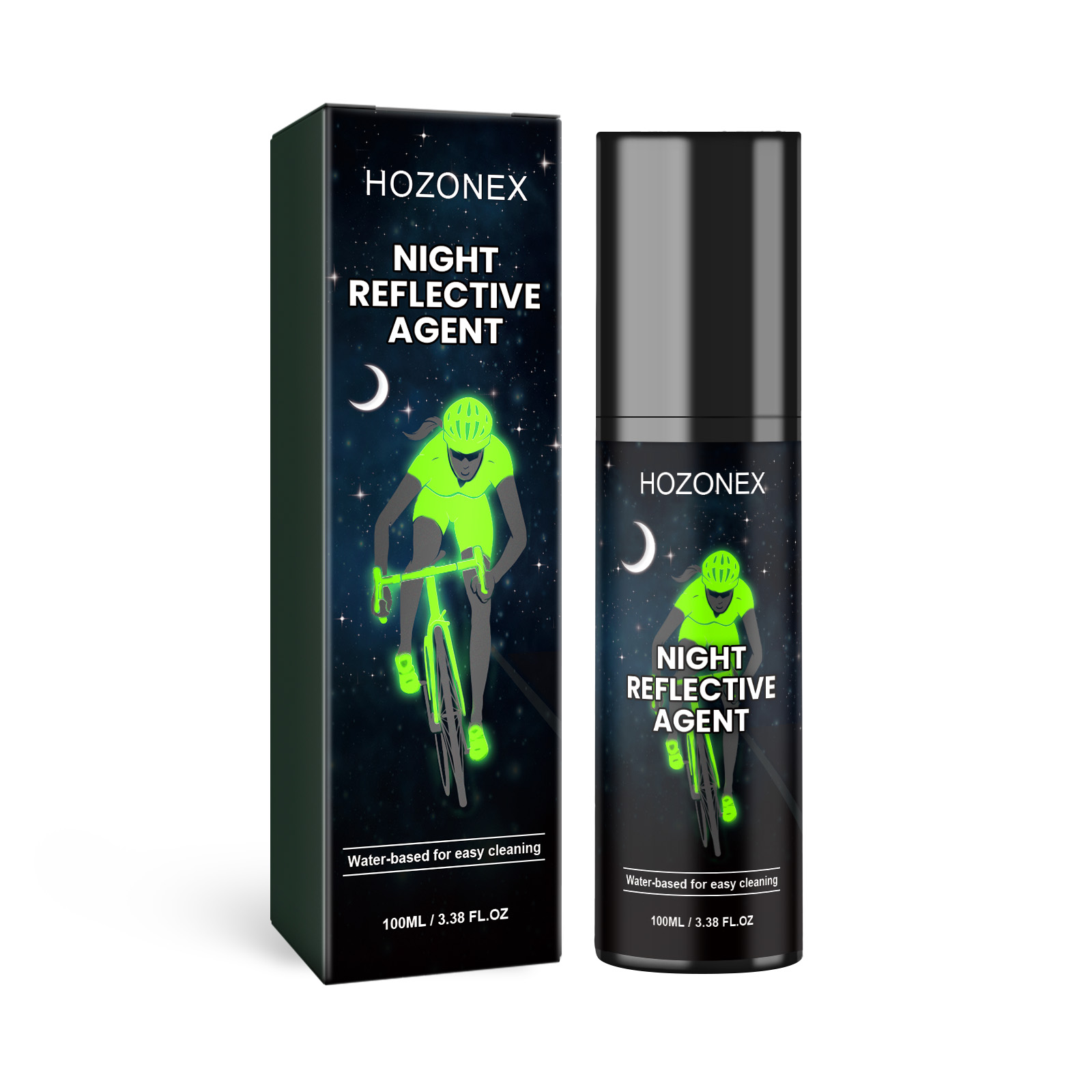 Bright neon green reflective cyclist graphic and spray bottle