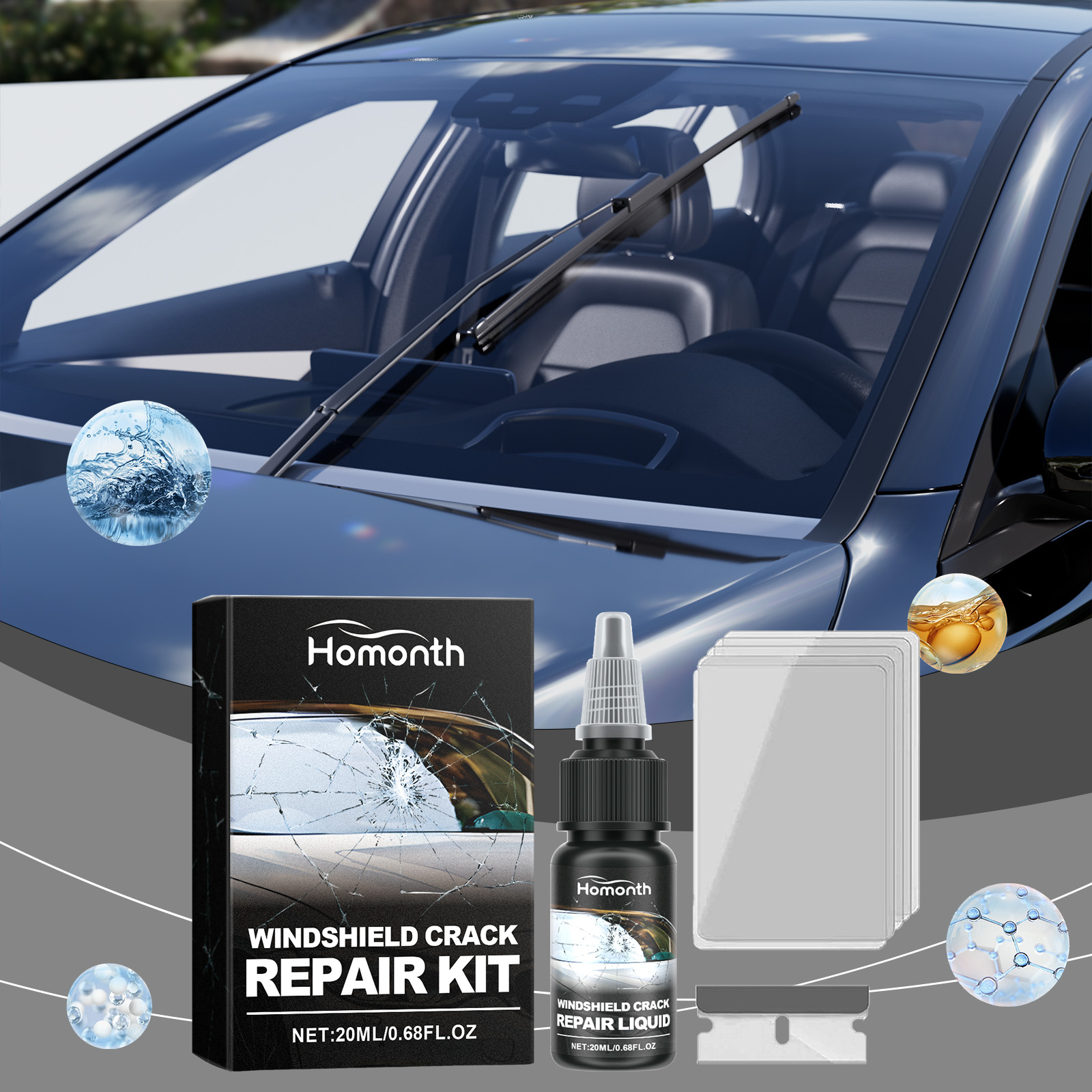 Compact boxed repair kit stored beside vehicle glass