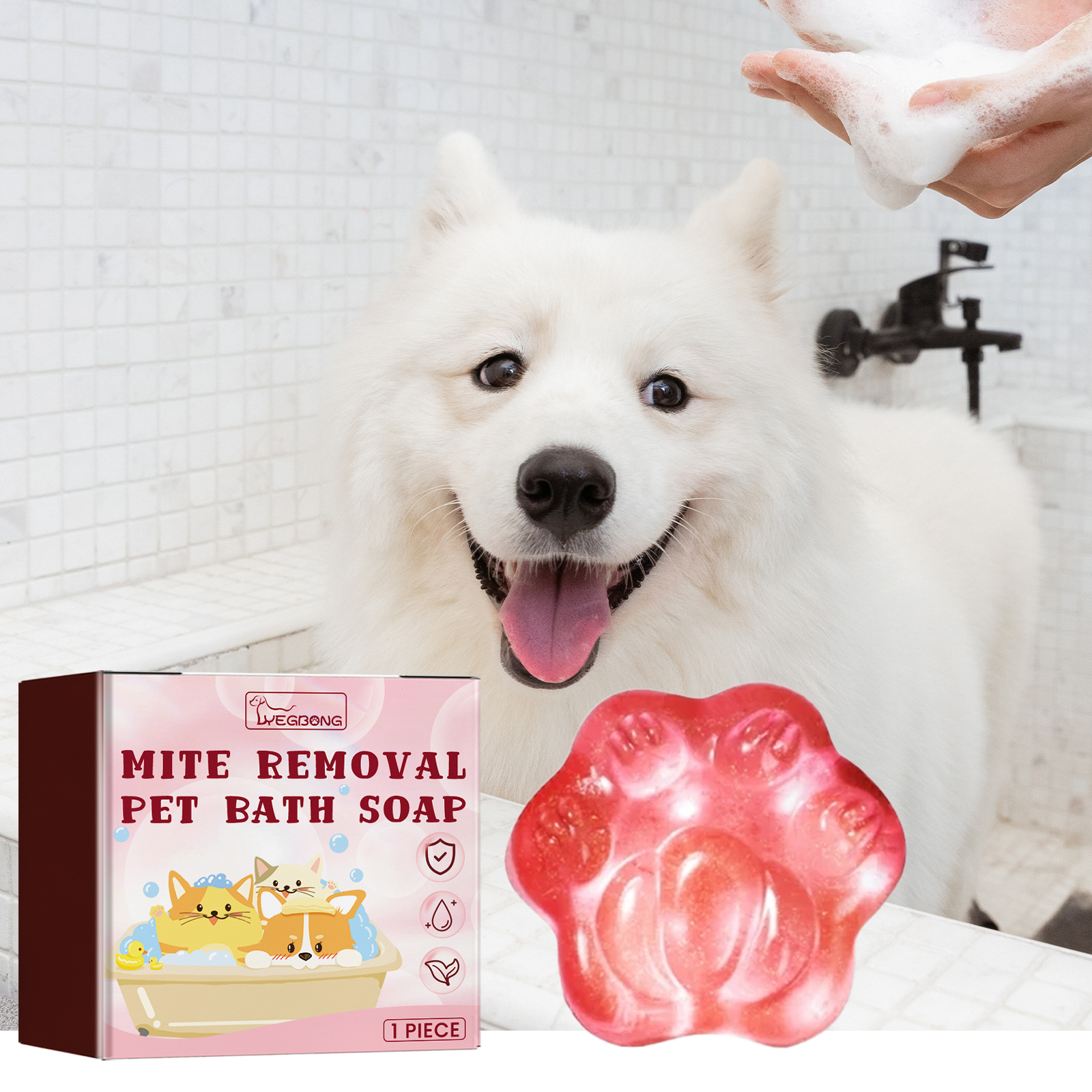 Dog bath showing soap worked gently through wet fur