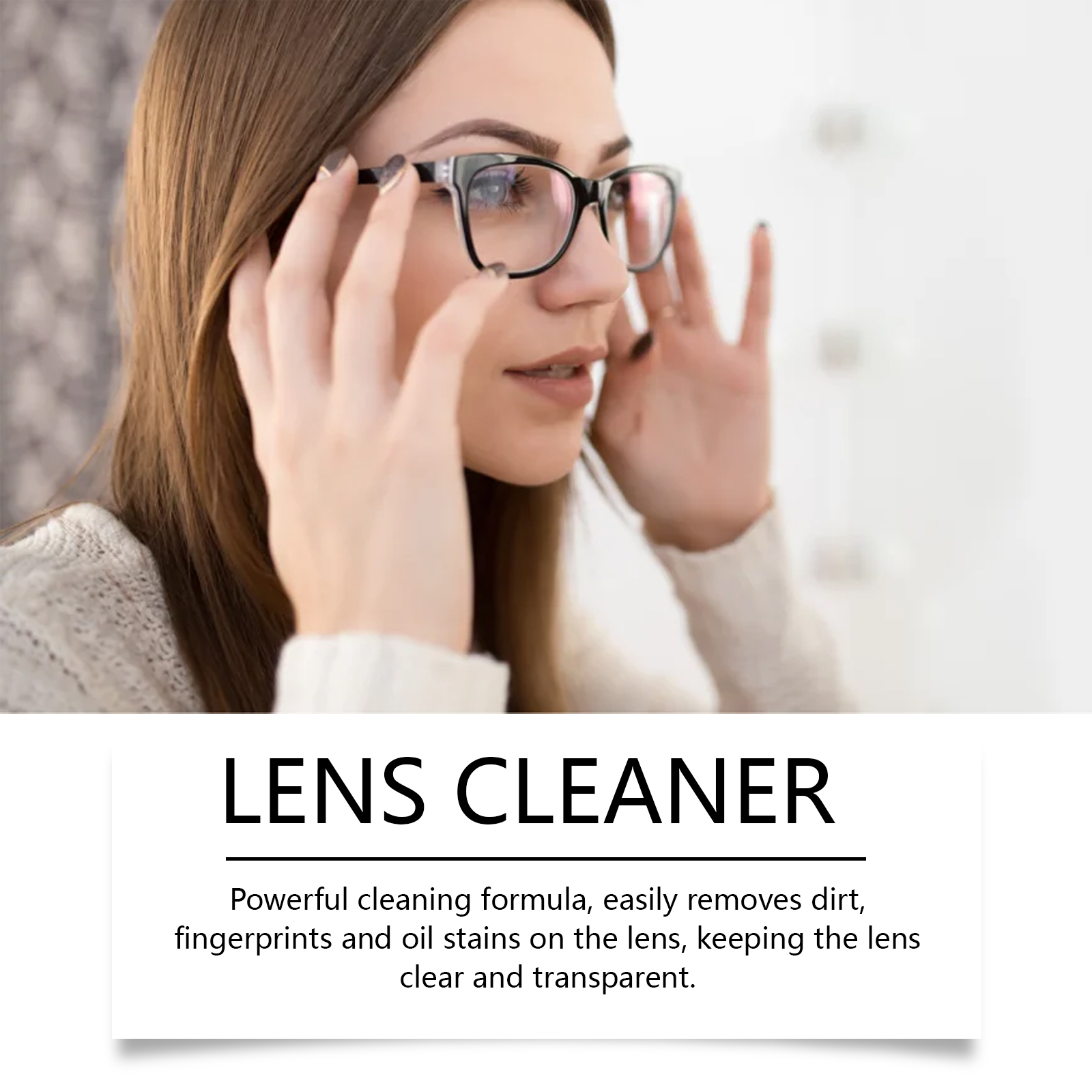 Clear eyeglasses shown during careful lens maintenance