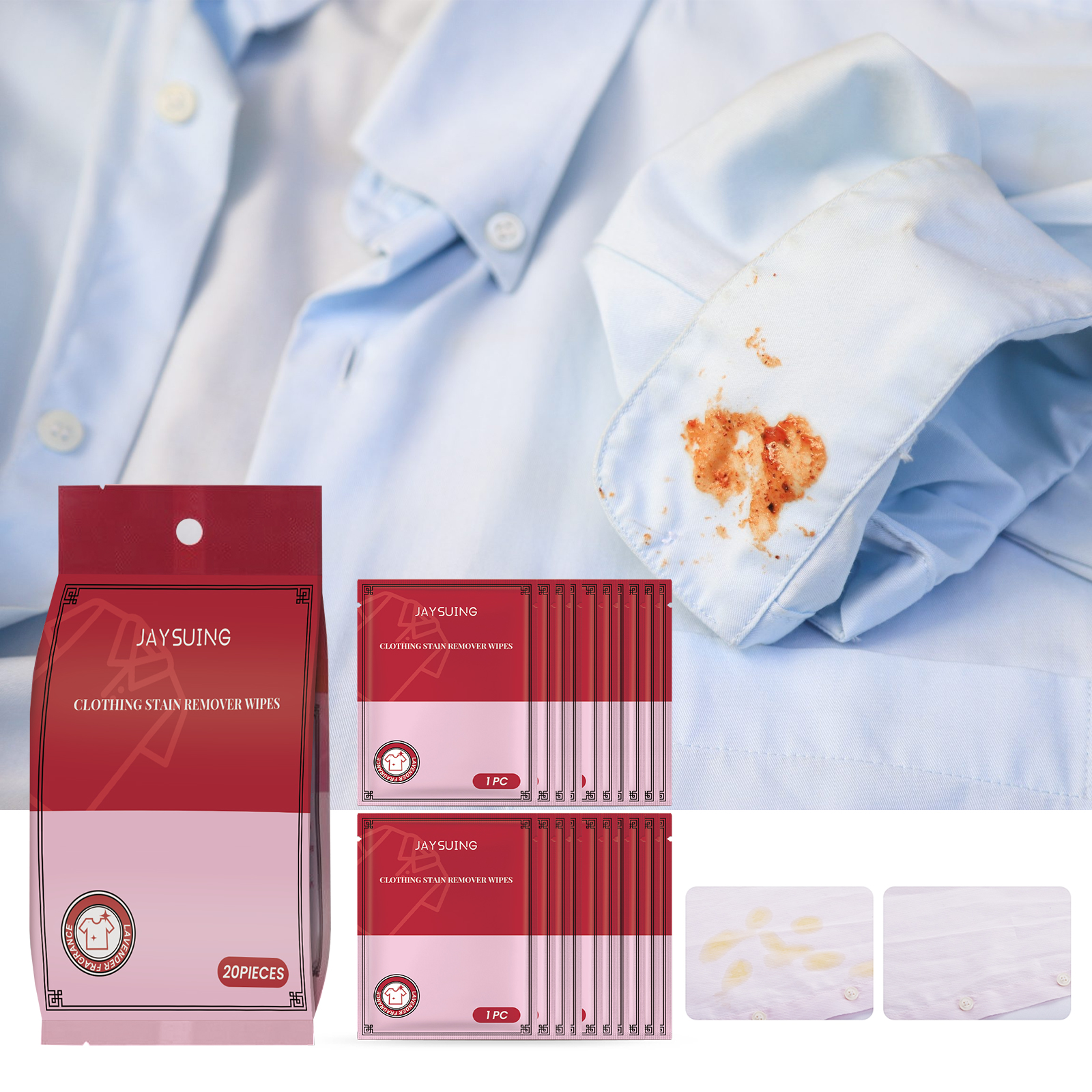 Stained white garment beside portable stain cleaning wipes