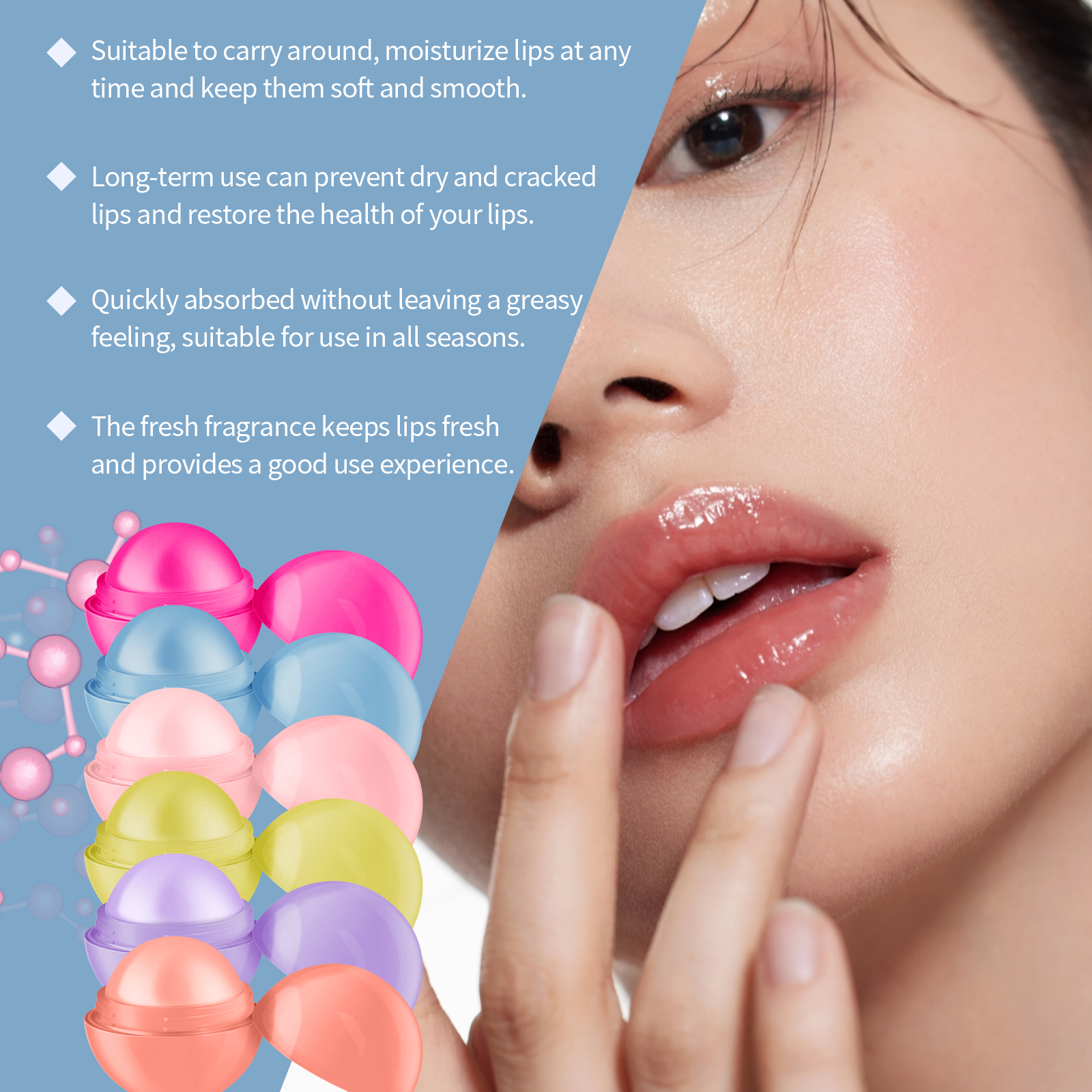 Model applying balm with moisturized-looking lips