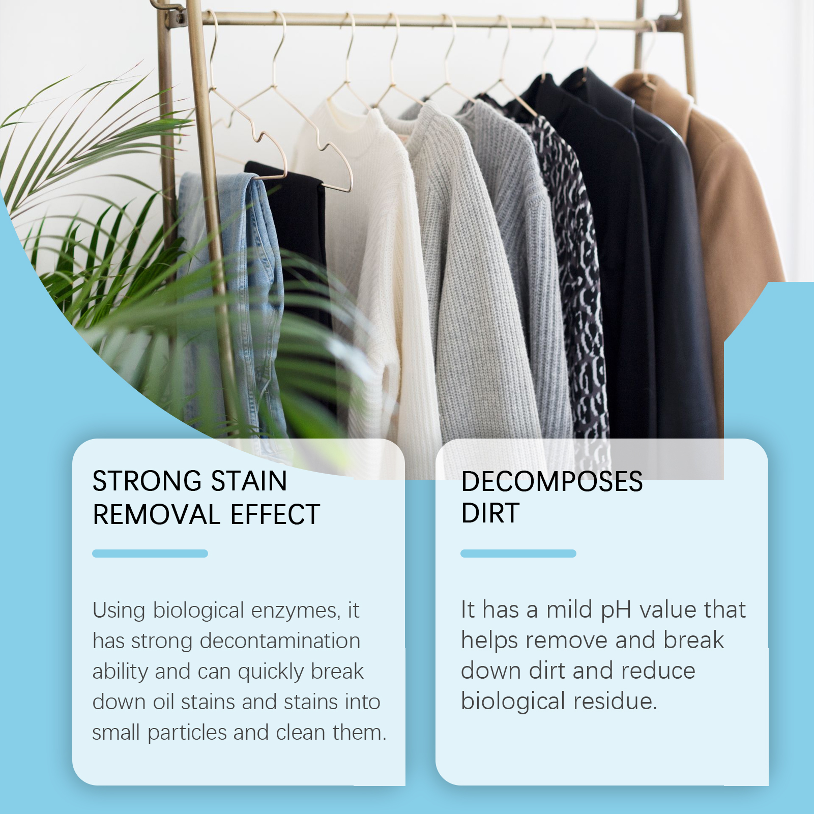 Clothes rack illustrating enzyme stain removal claims