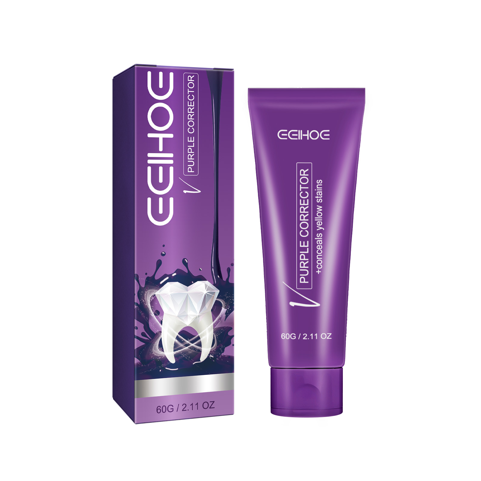 Purple corrector toothpaste packaging close view