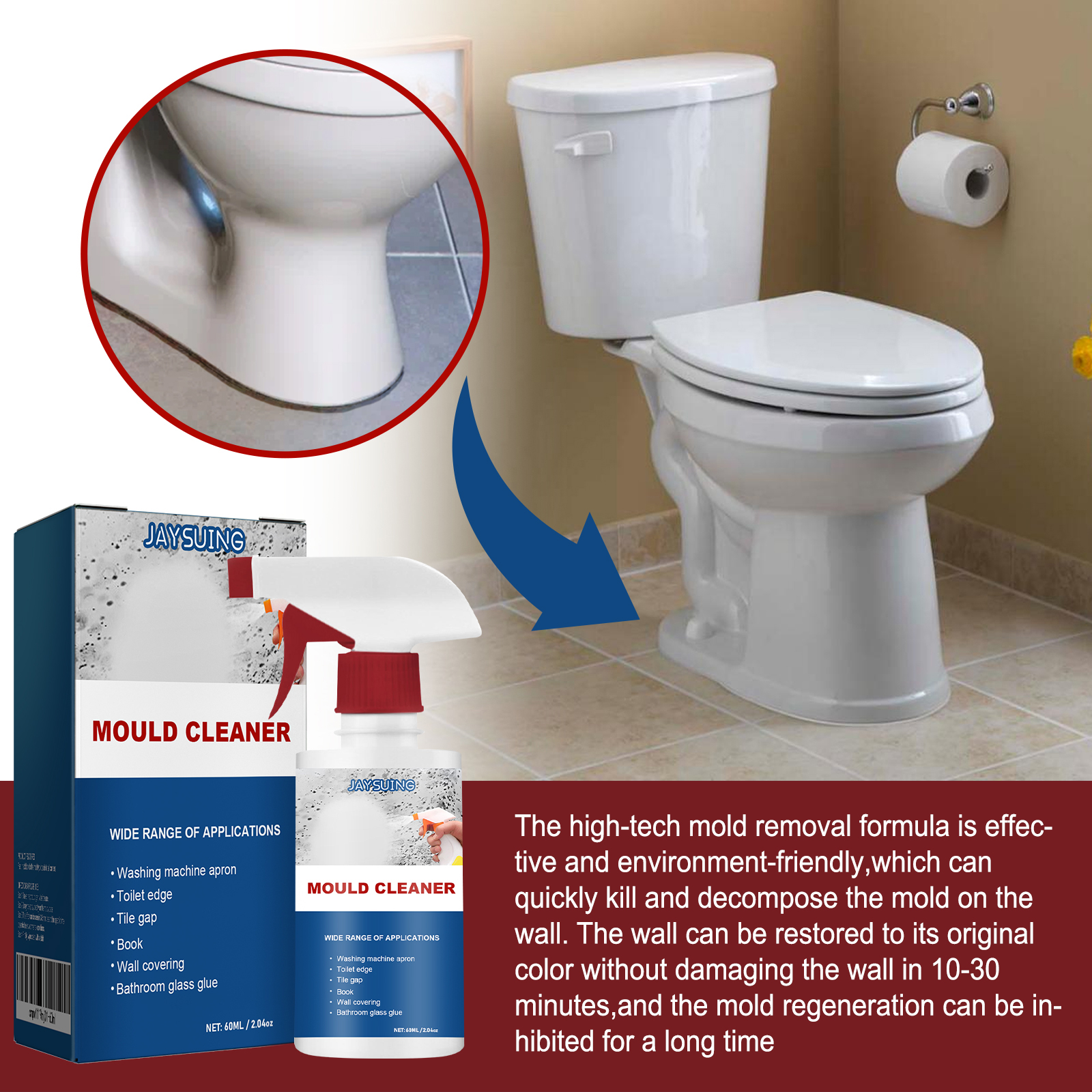 Mold cleaner beside toilet mold before after