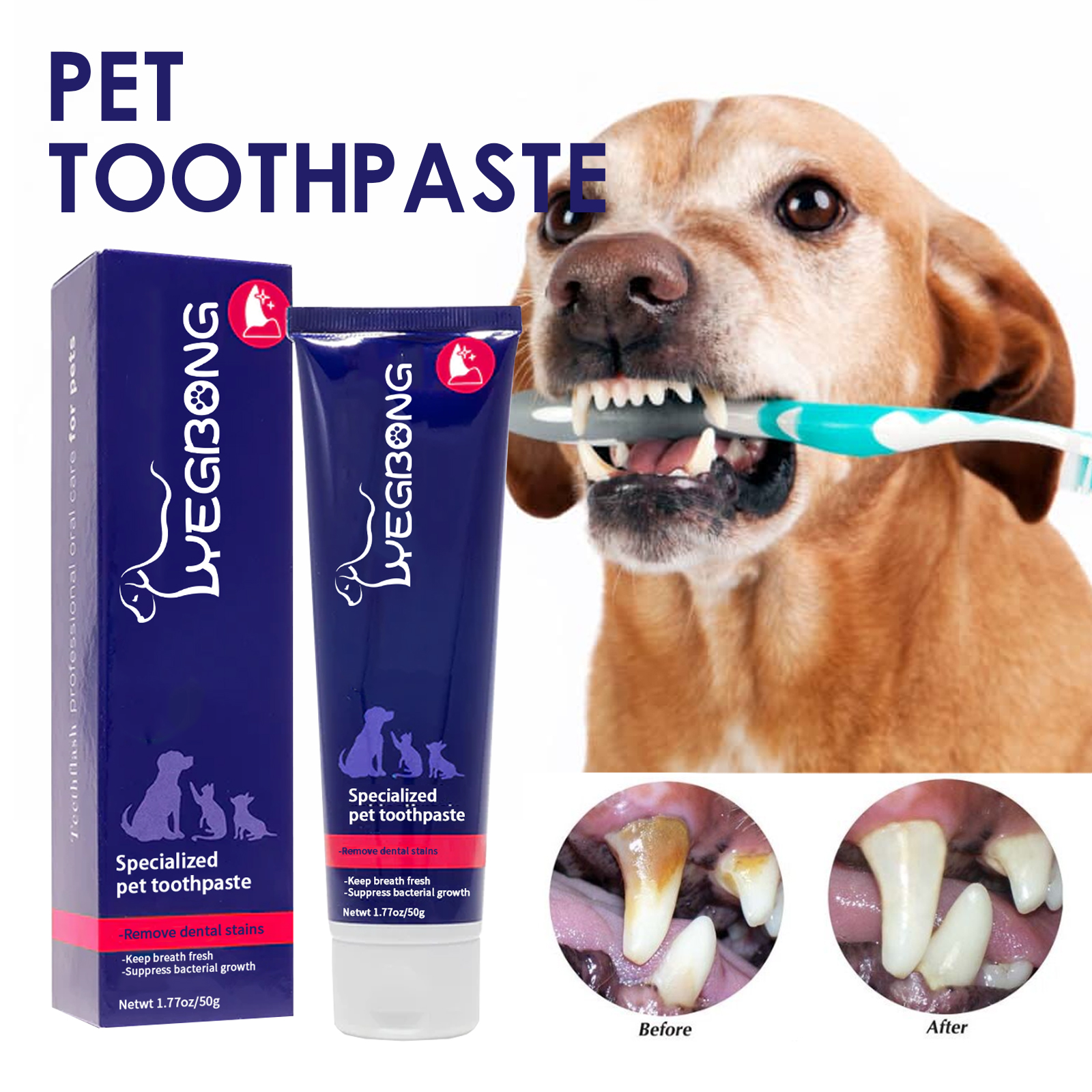 Dog receiving dental care beside Yegbong packaging