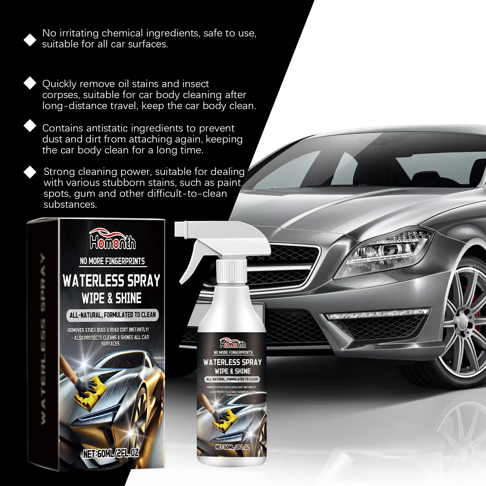 Compact waterless car cleaner bottle for travel