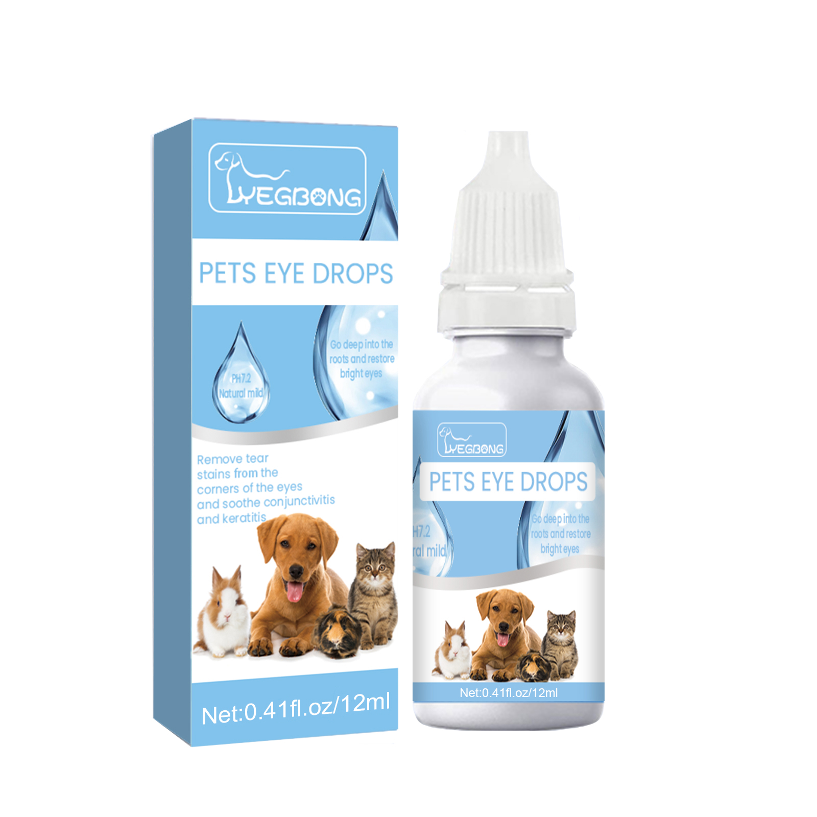 Yegbong eye drops and box in pet grooming setup