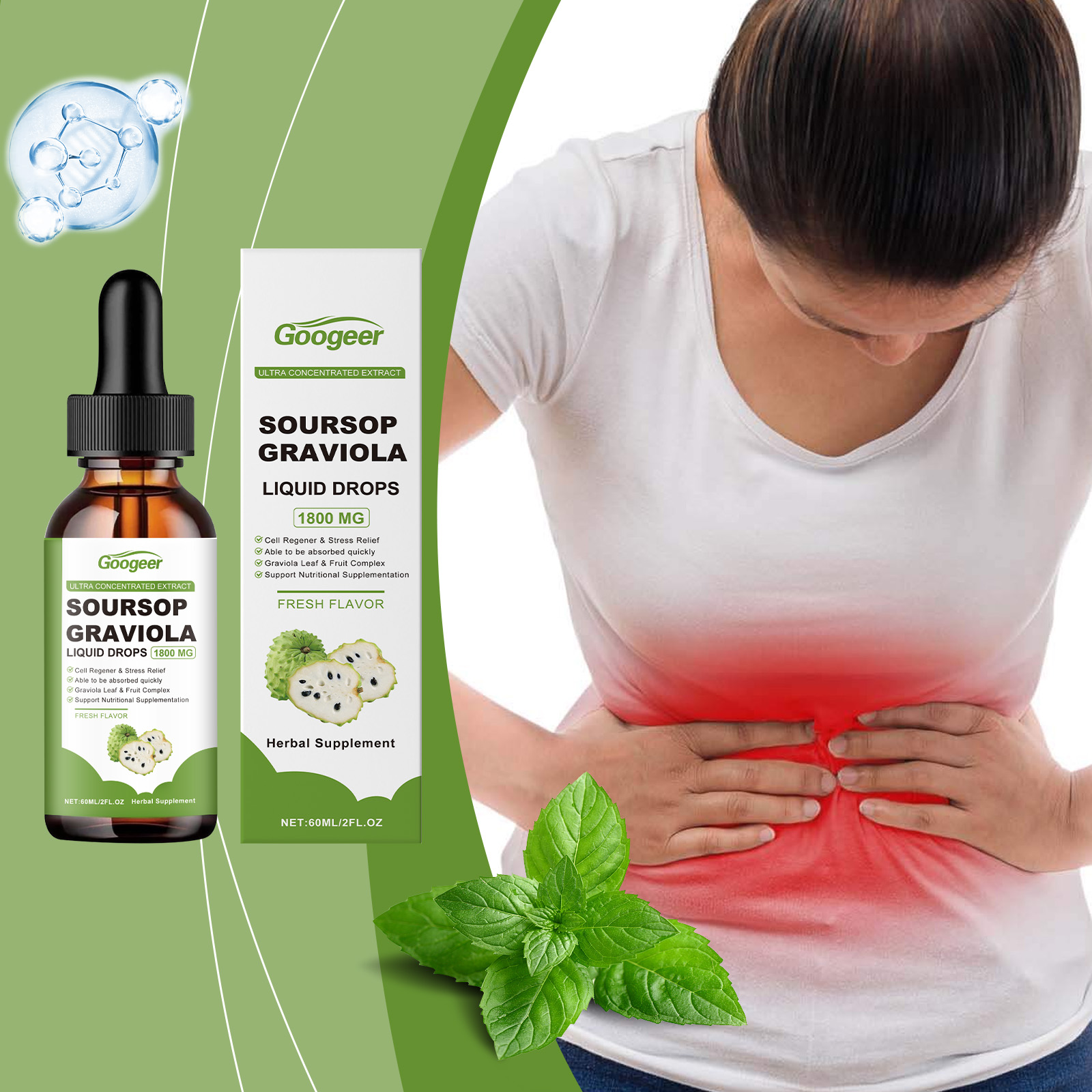 Woman with hand on stomach, red heat overlay signalling digestive discomfort and stress