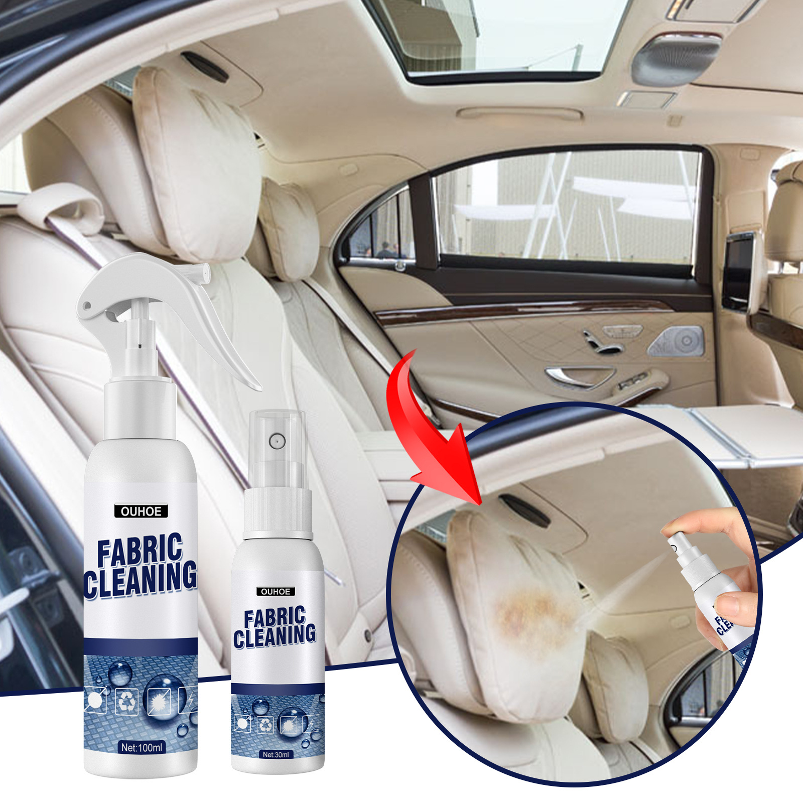 Hand spraying cleaner onto stained car seat