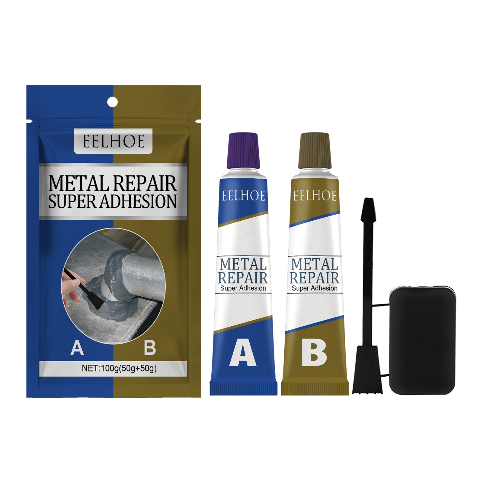 Complete adhesive kit arranged beside its black storage case