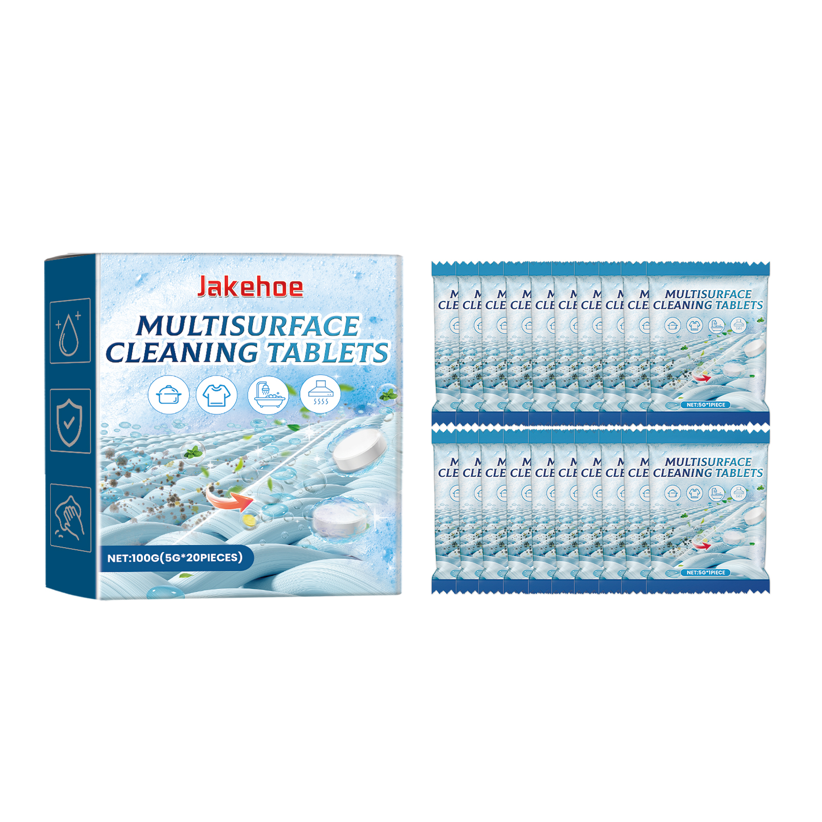 White effervescent tablets in individual blue and white wrappers