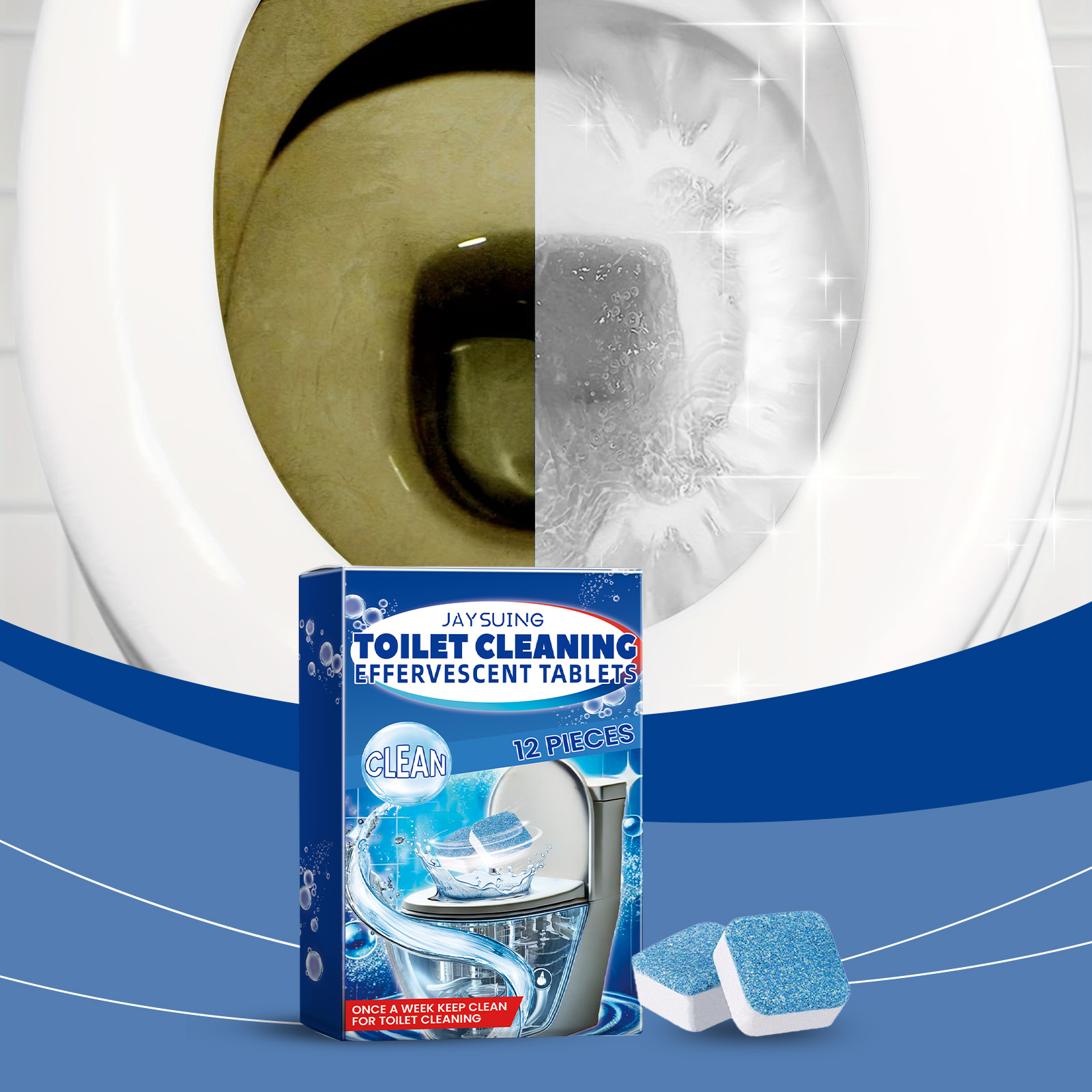 Toilet bowl before and after tablet cleaning treatment