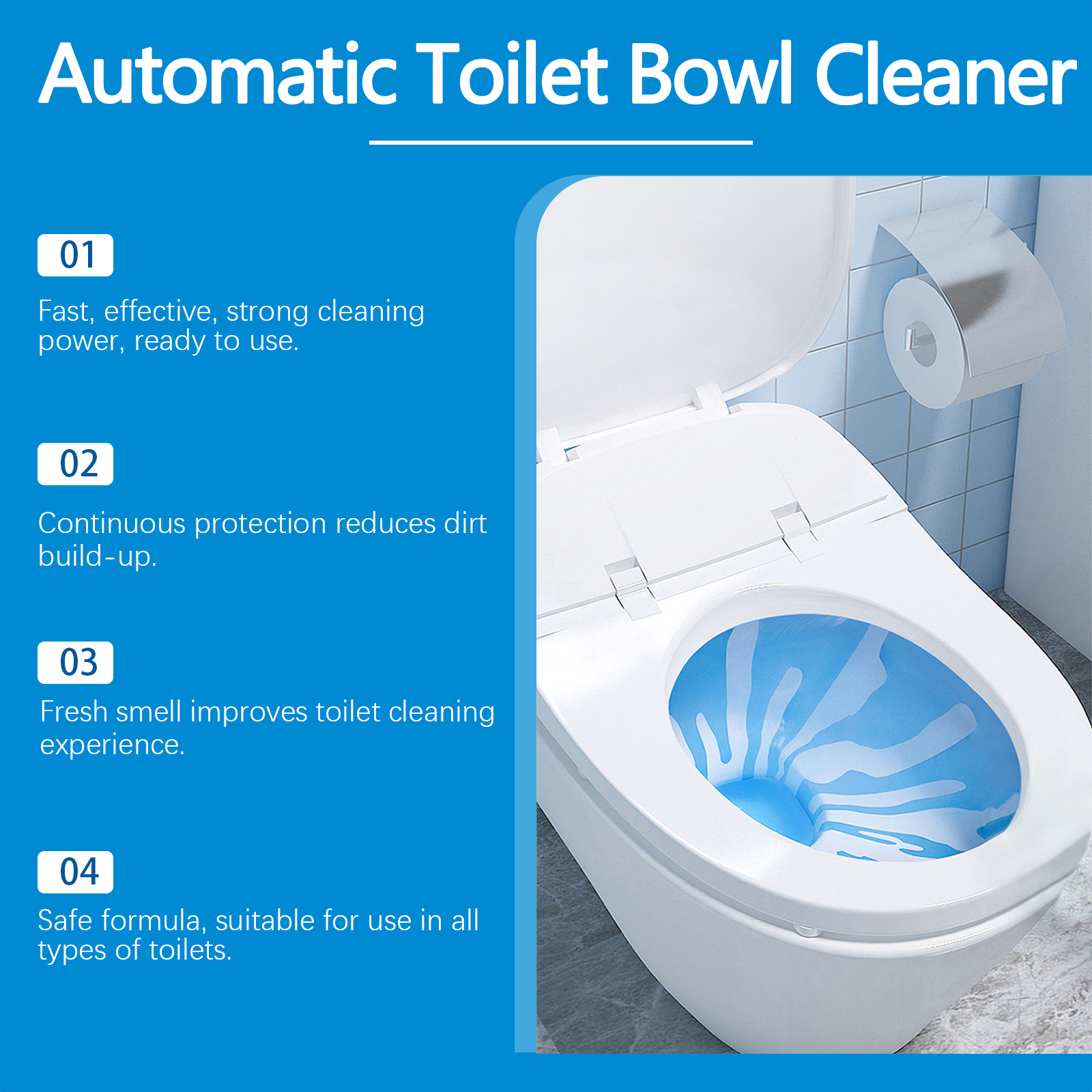 Blue toilet cleaner benefit graphic with bubbling water