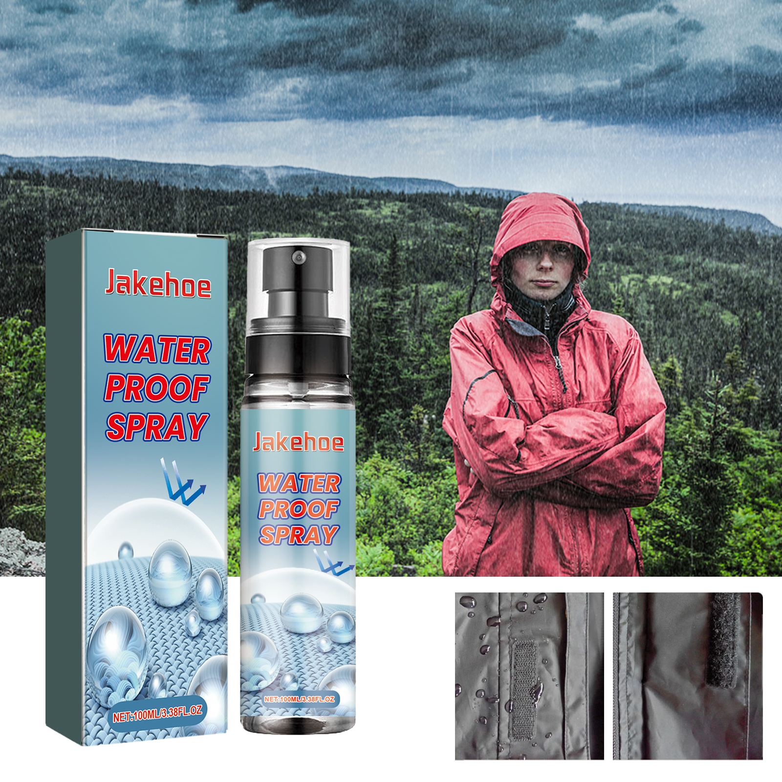Water droplets on rain jacket fabric outdoors