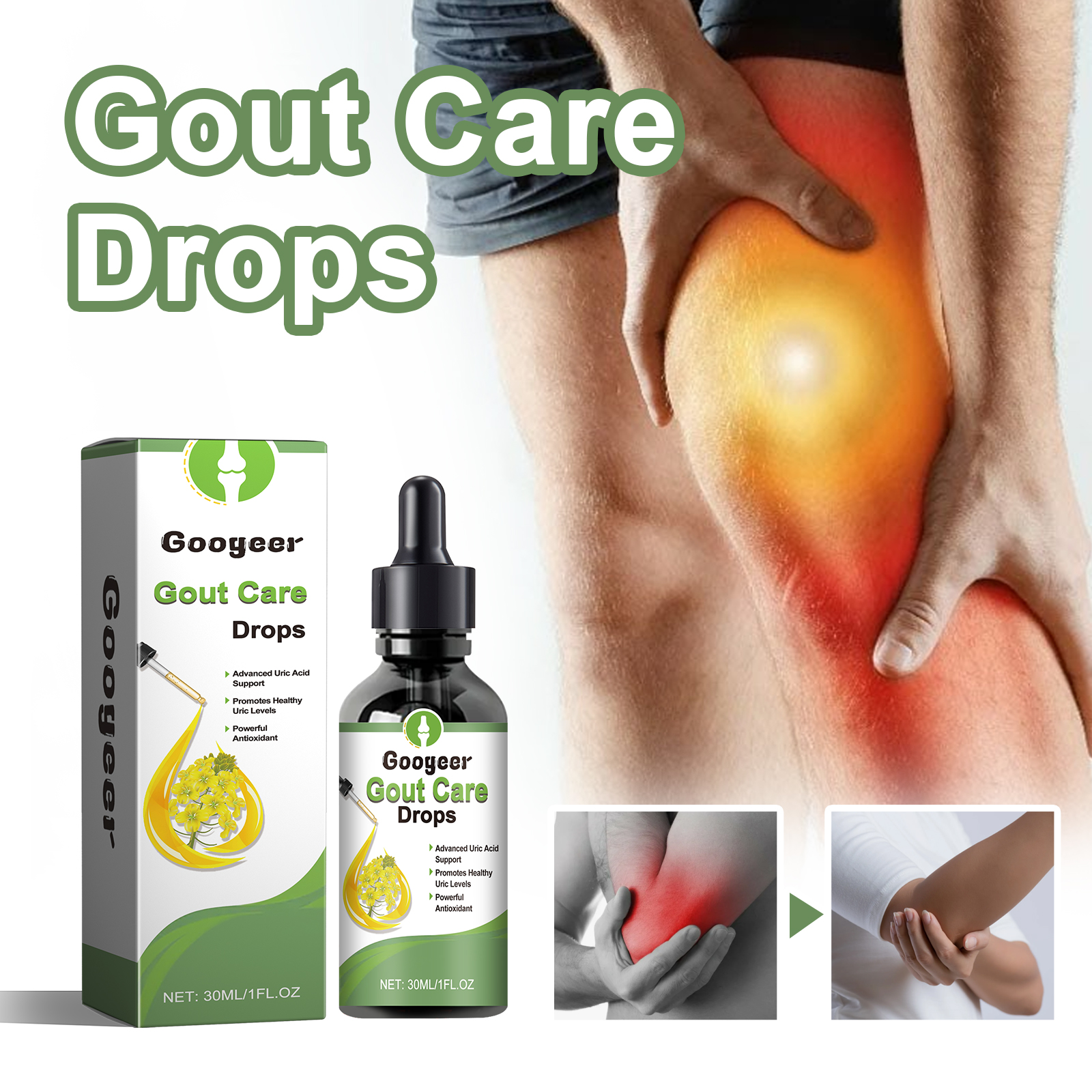 Gout drops shown beside person with painful knee