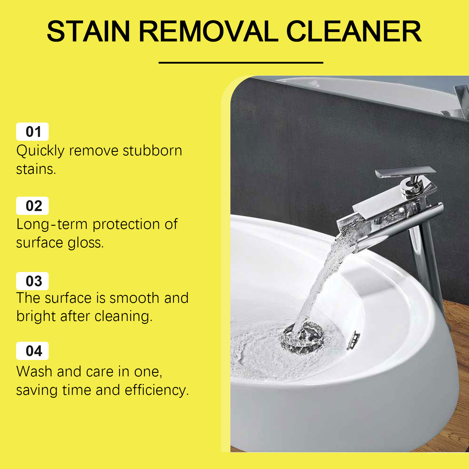 Clean white sink beside stain remover benefits graphic