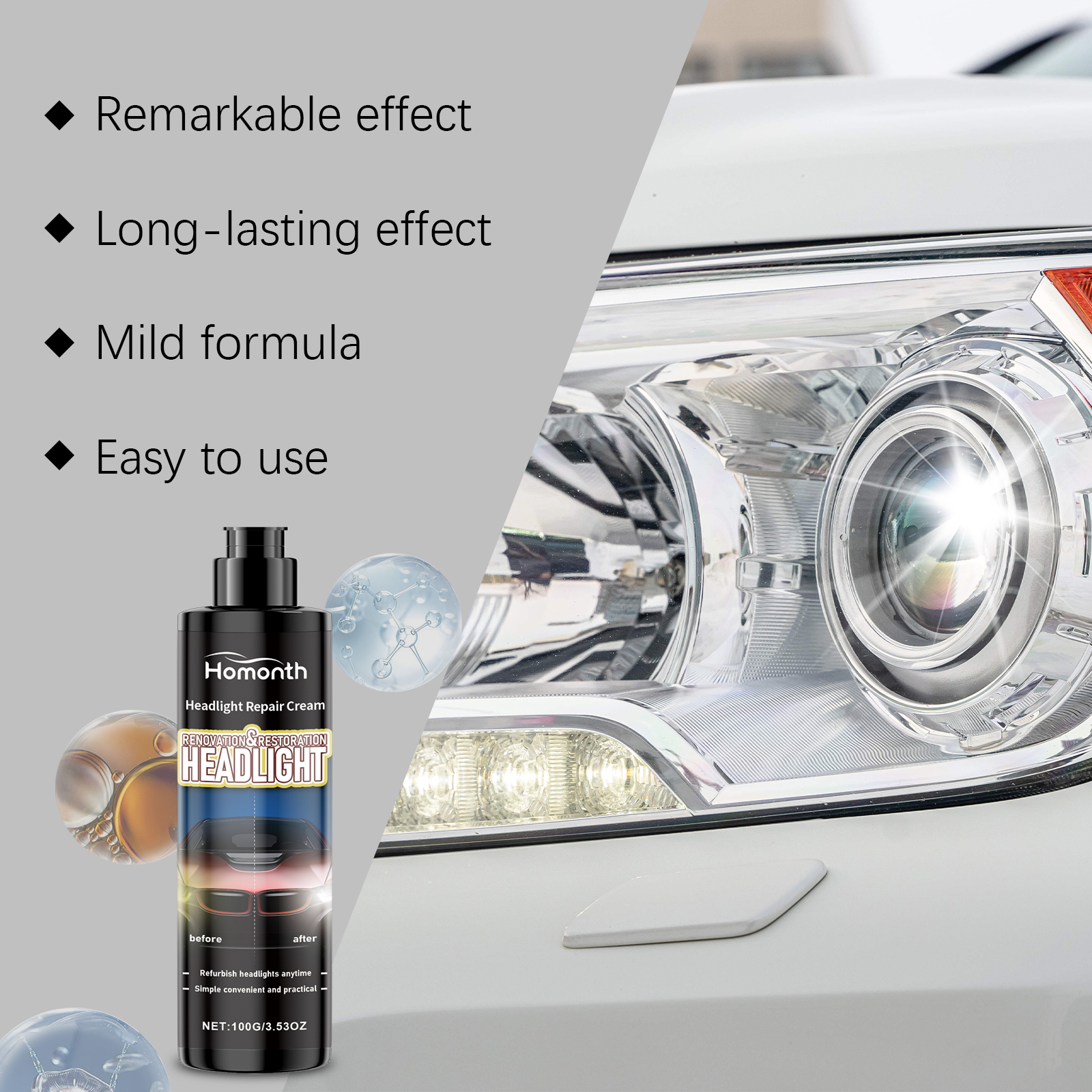 Yellow polishing pad beside headlight repair cream