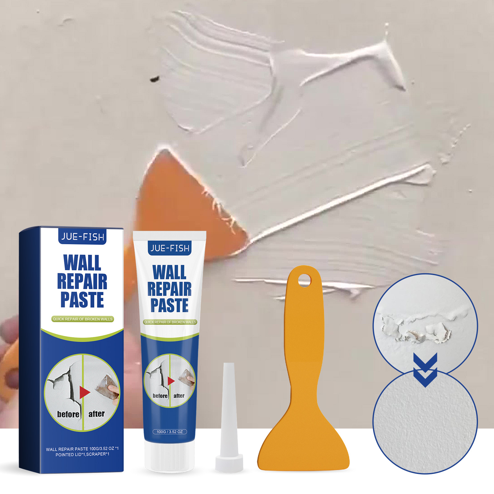 White wall repair paste set beside damaged wall