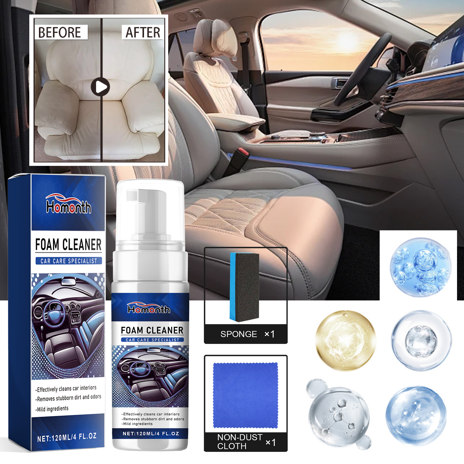 Foam cleaner beside visibly brighter leather upholstery