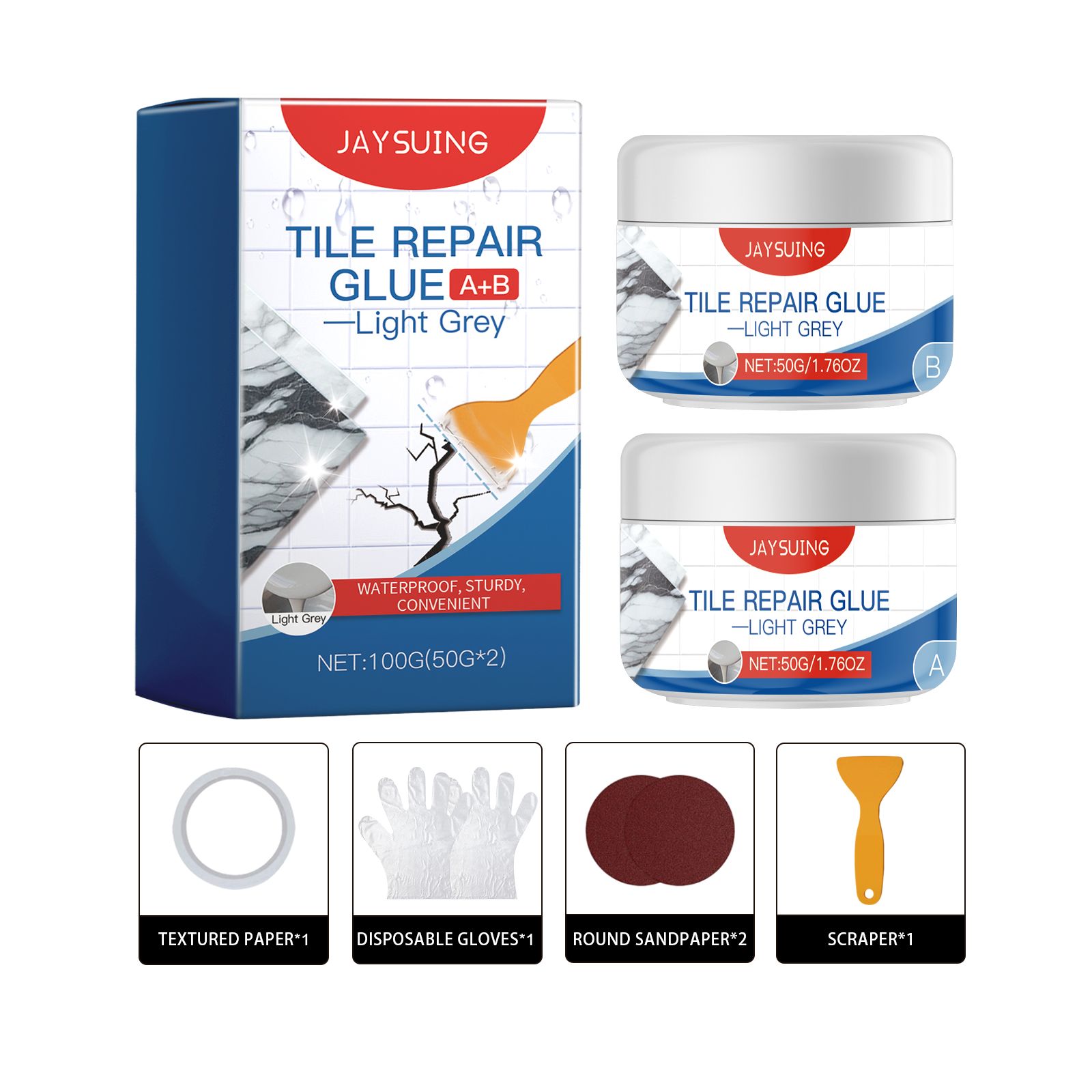 Light grey two-part tile repair glue jars