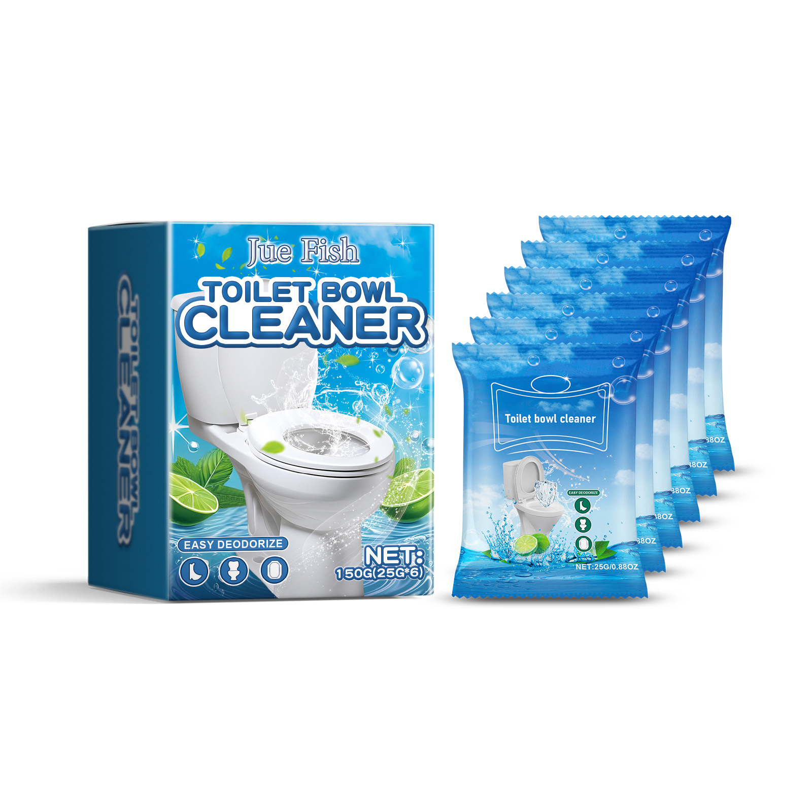 Individual blue sachets beside cleaner box