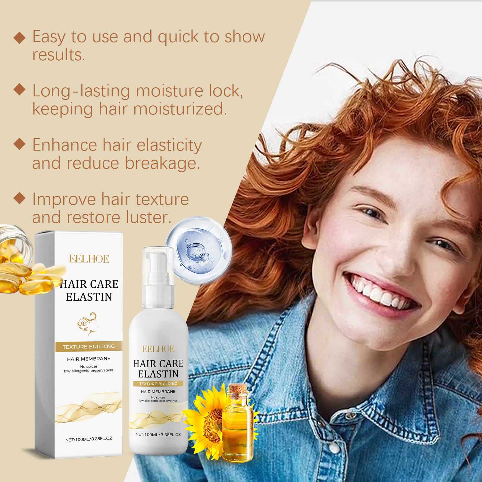 Hair elastin bottle beside red-haired model