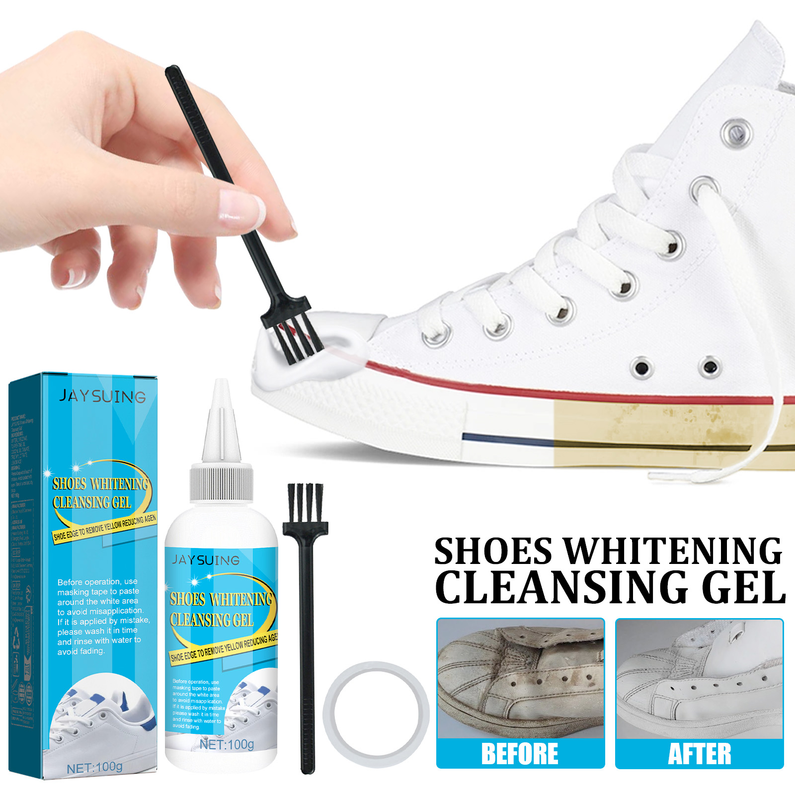 Included brush applying gel across a white sneaker