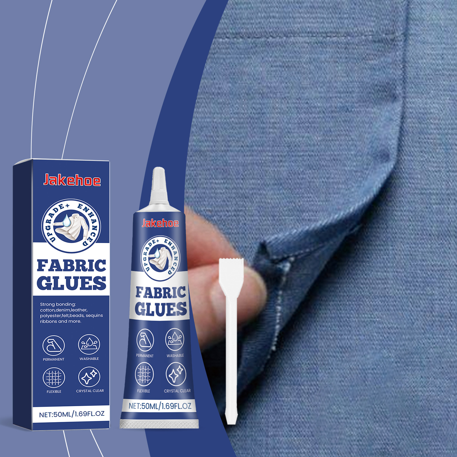 Blue clothing seam positioned for fabric adhesive repair