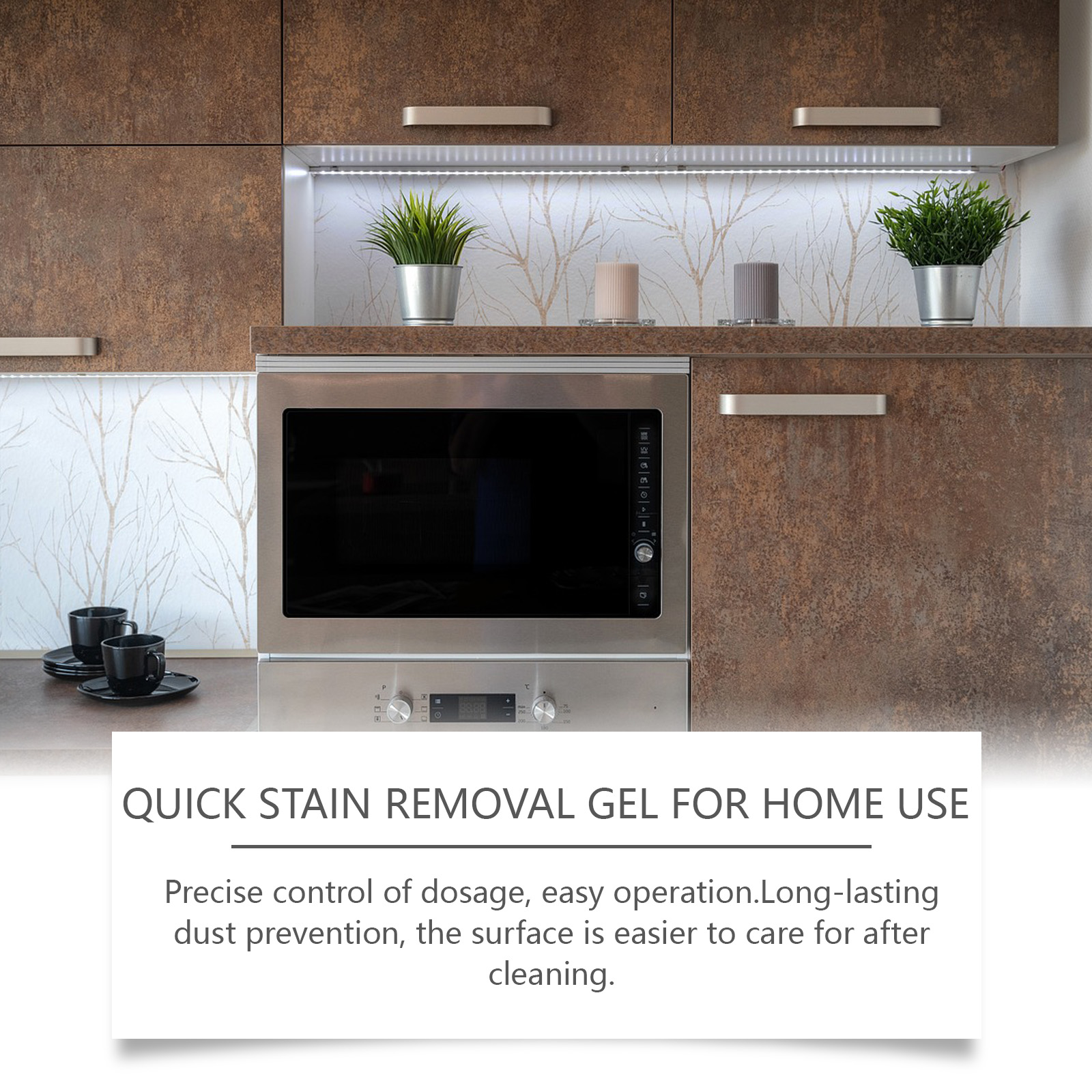 Cleaning gel beside a targeted kitchen cleaning area