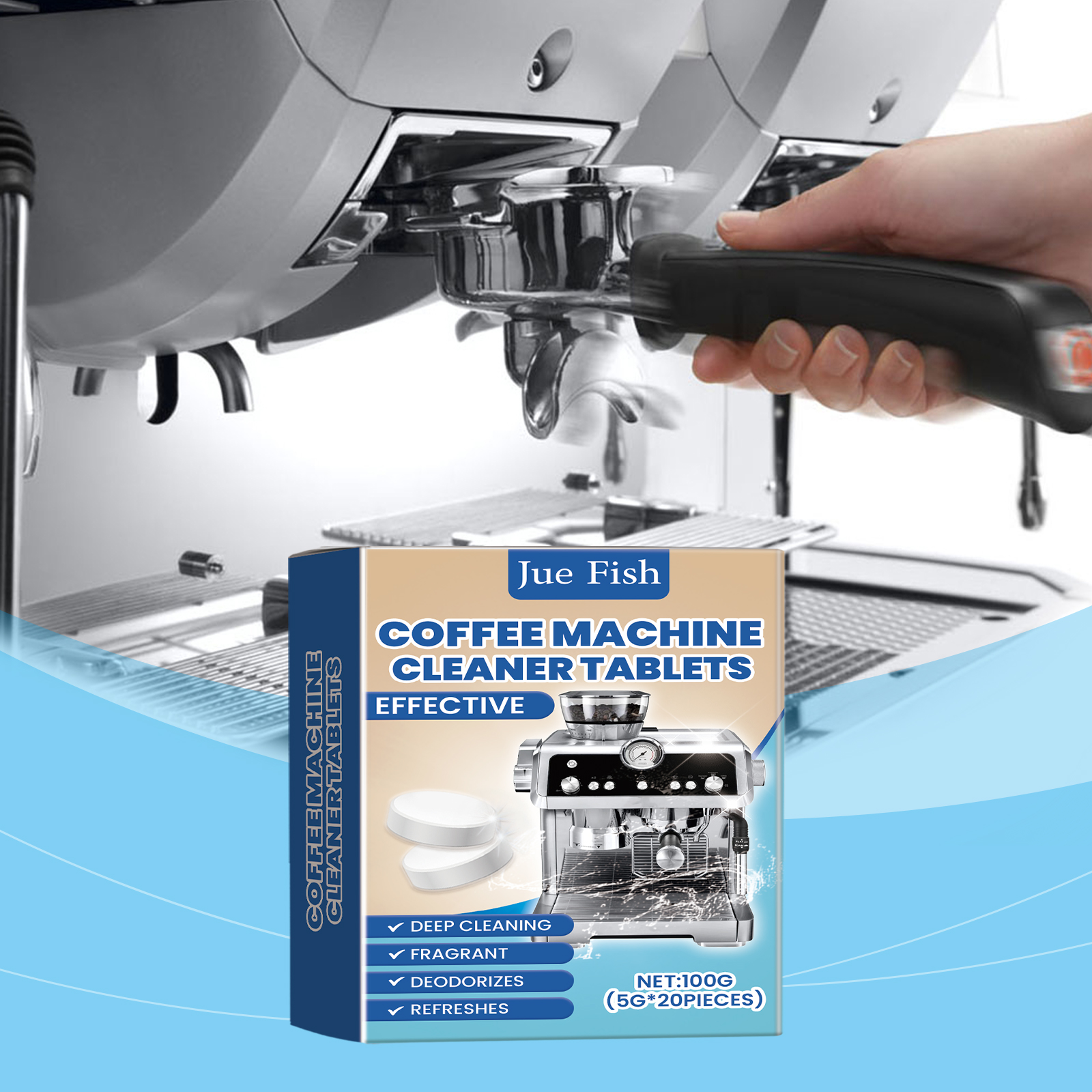 Hand using cleaner with commercial espresso machine
