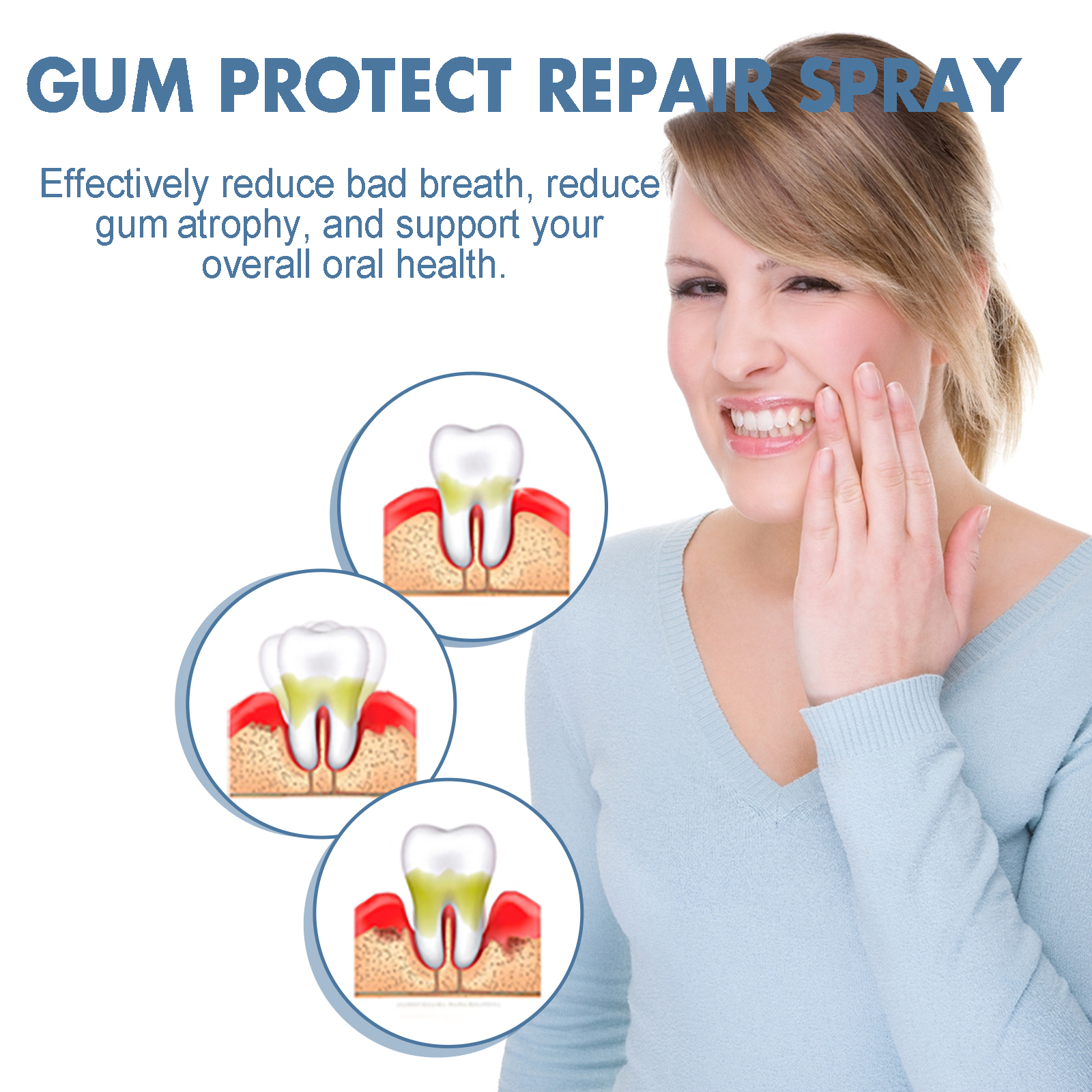 Gum care spray beside oral health illustrations