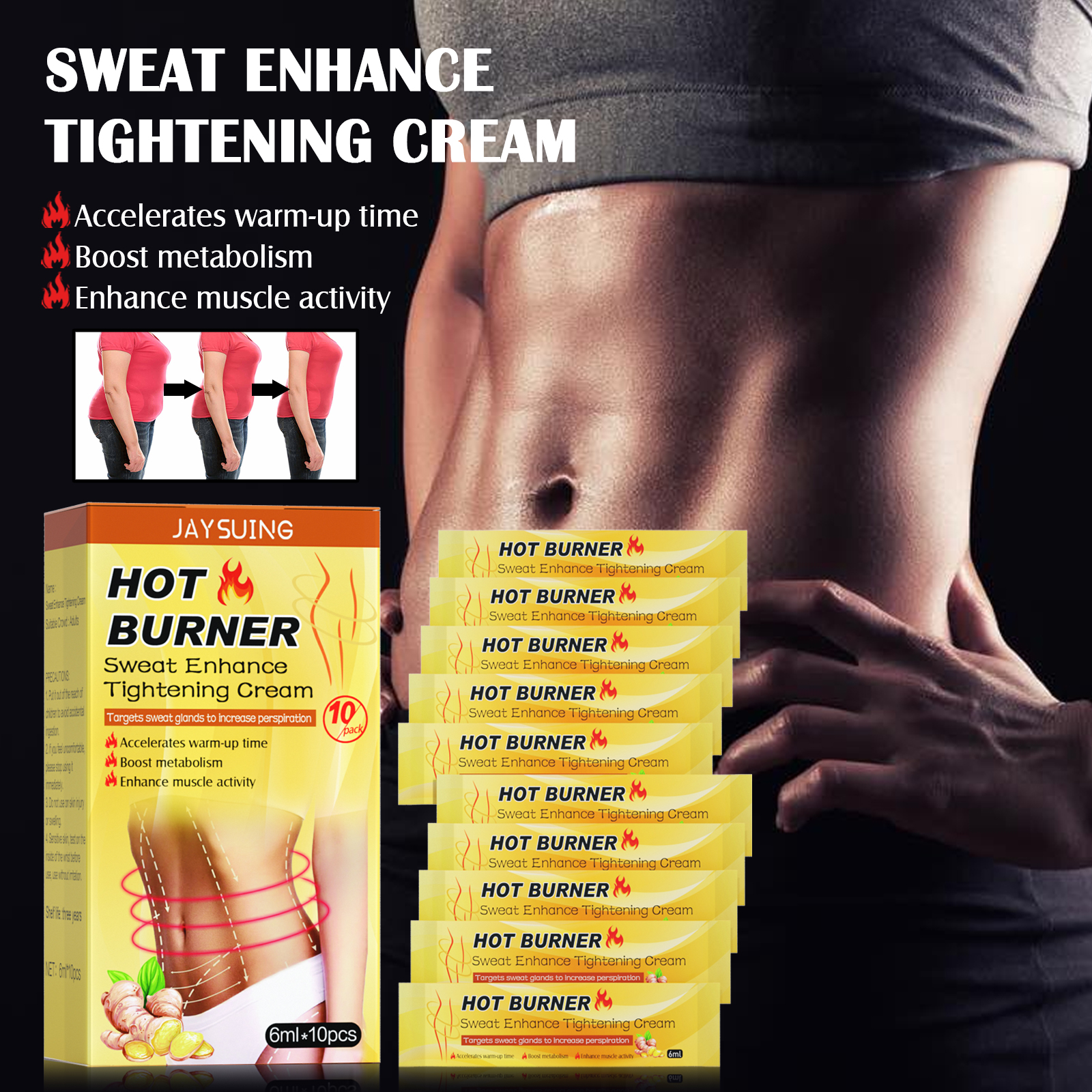 Bright yellow warming cream carton beside toned abdomen artwork