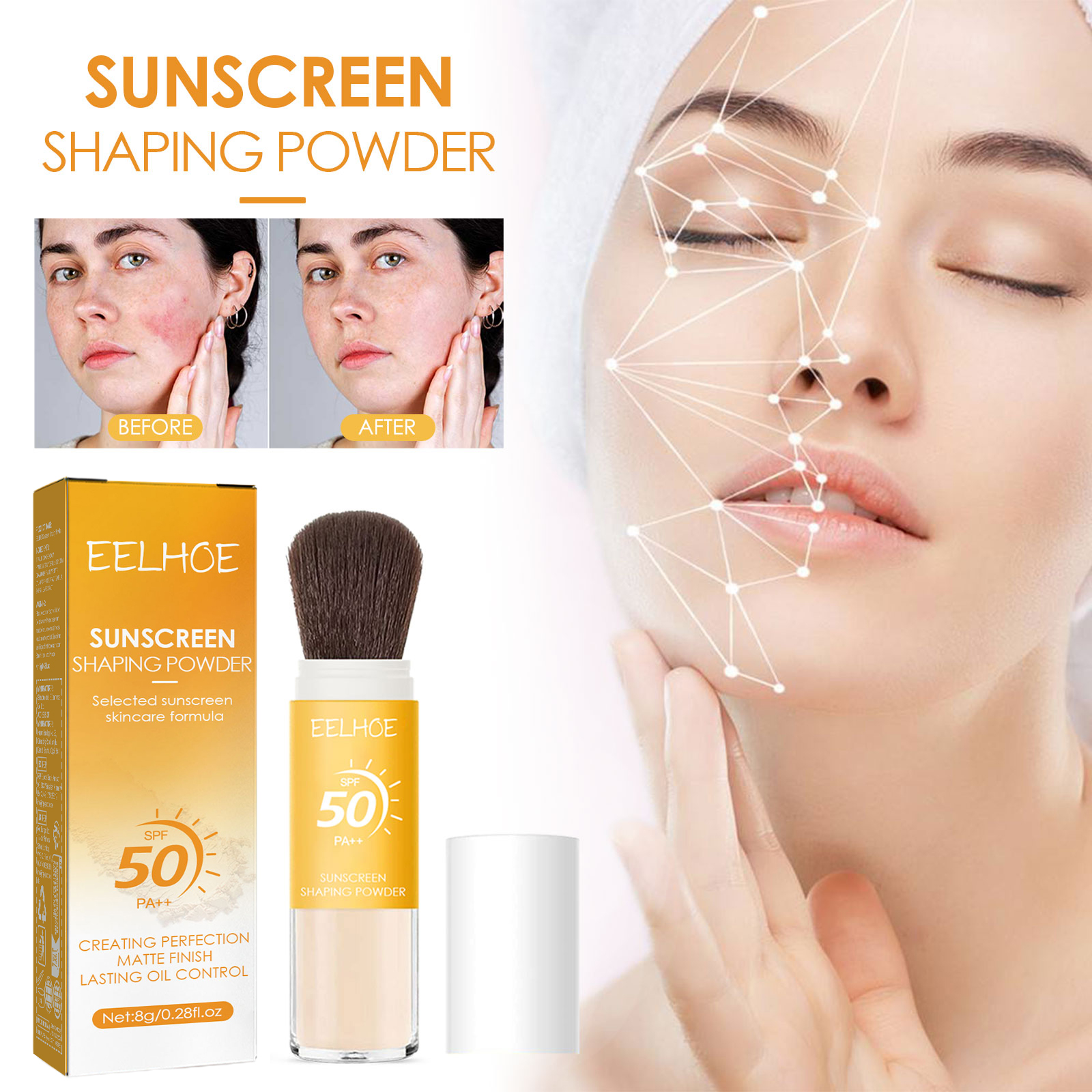 Powder brush touching a woman's cheek during makeup use