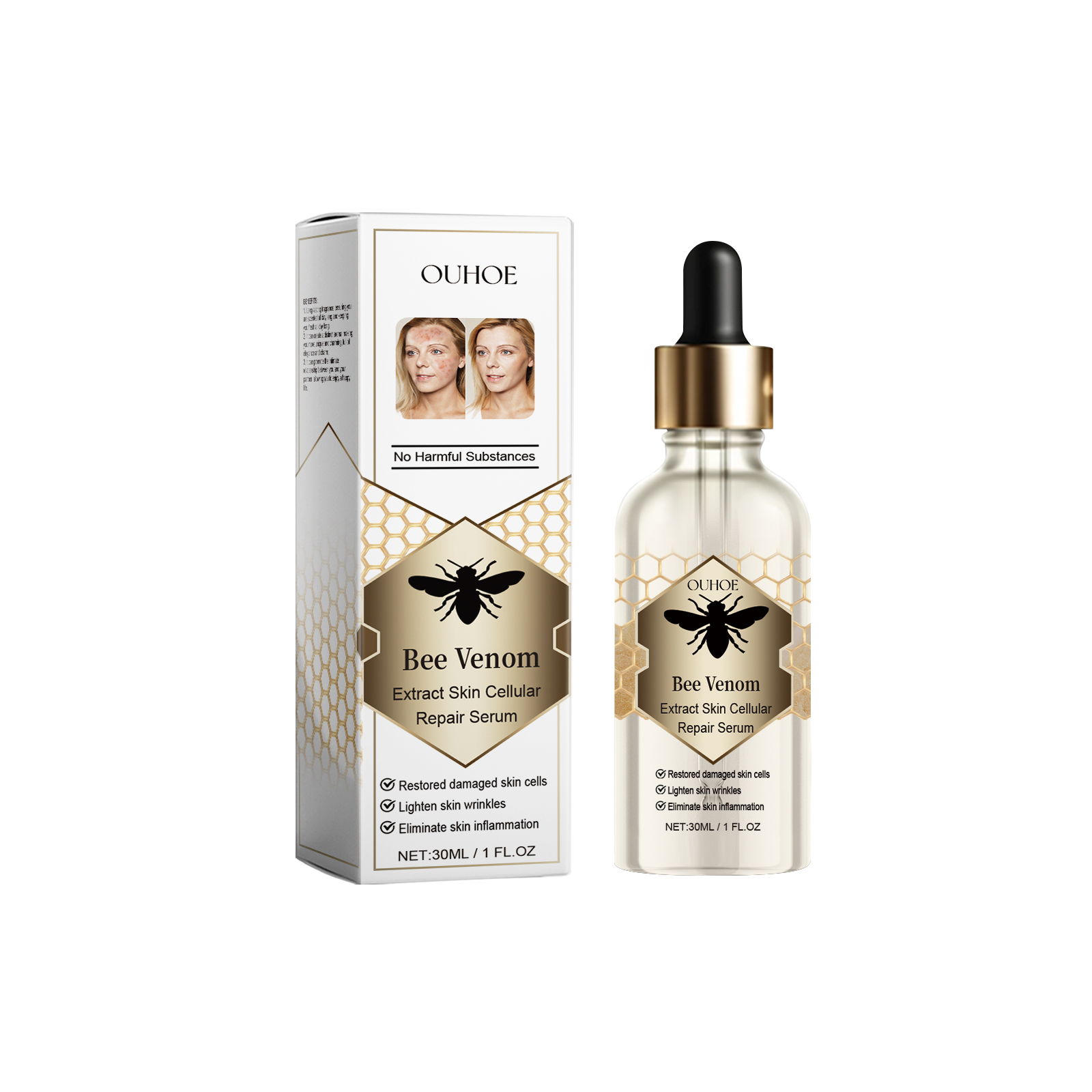 Bee emblem and honeycomb serum packaging in gold and white
