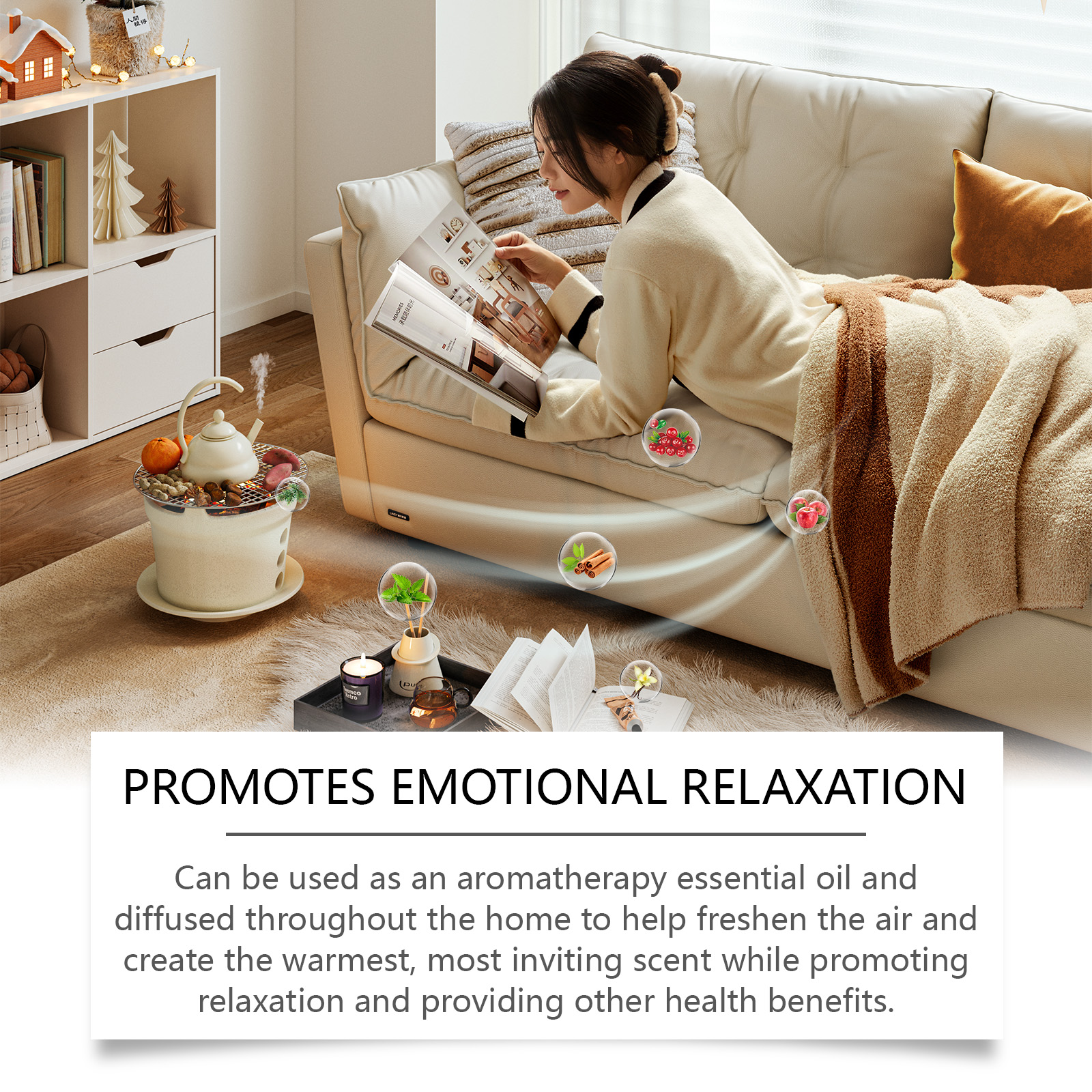Fragrance visibly diffusing through a cozy living room with a relaxed woman on the sofa