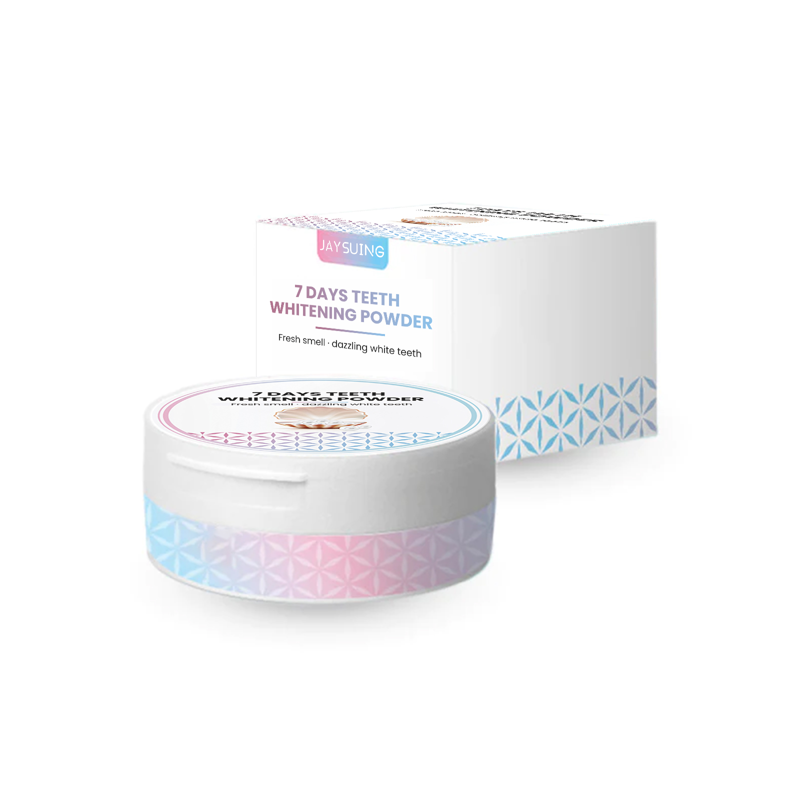 Whitening powder jar and carton beside bathroom essentials